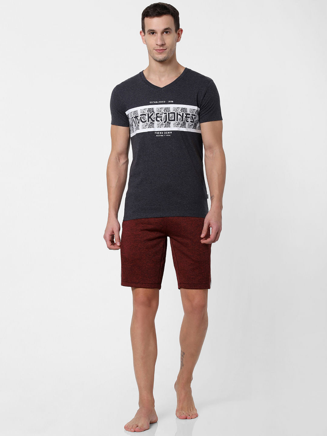 Grey Logo Print V Neck T-shirt Online in India - Flat 10% Off - S