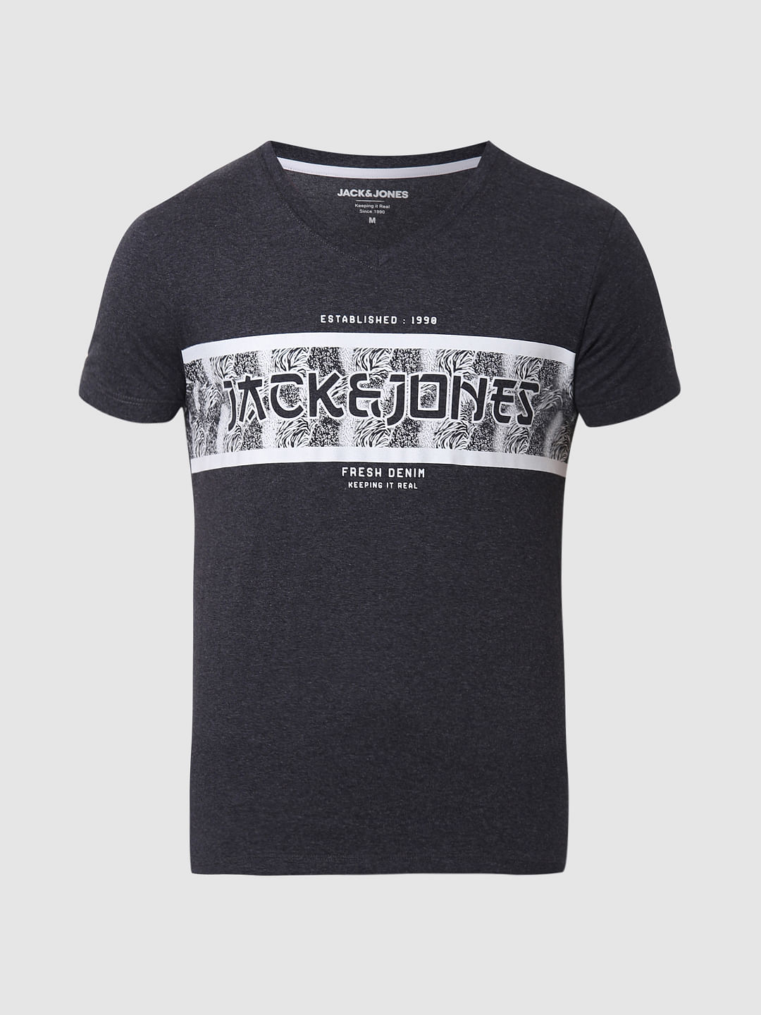 Grey Logo Print V Neck T-shirt Online in India - Flat 10% Off