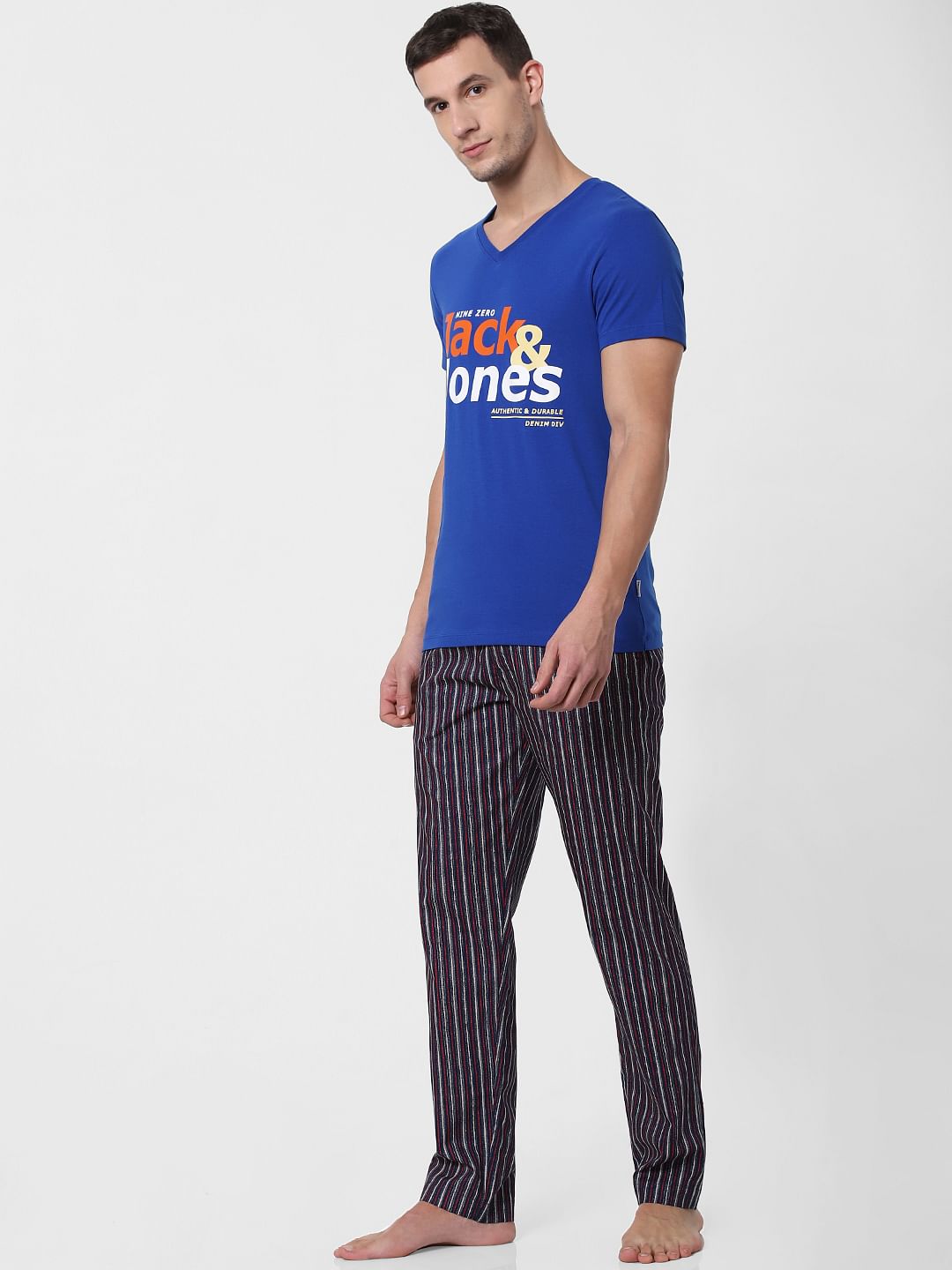 Blue Logo Print V Neck T-shirt Online in India - Flat 10% Off - S