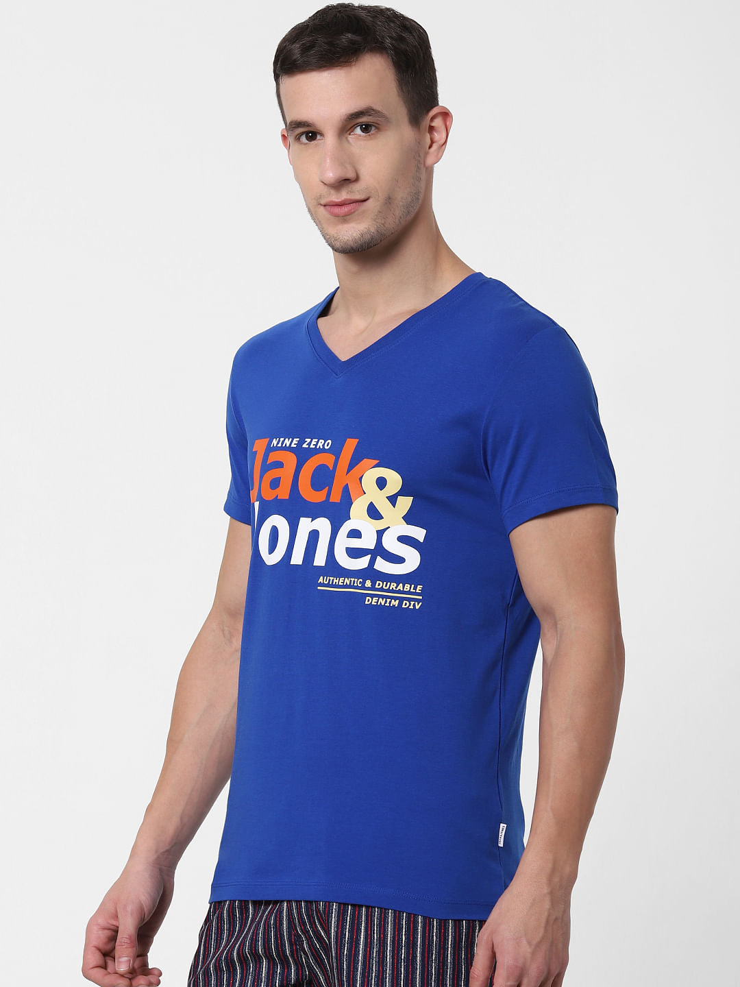 Blue Logo Print V Neck T-shirt Online in India - Flat 10% Off