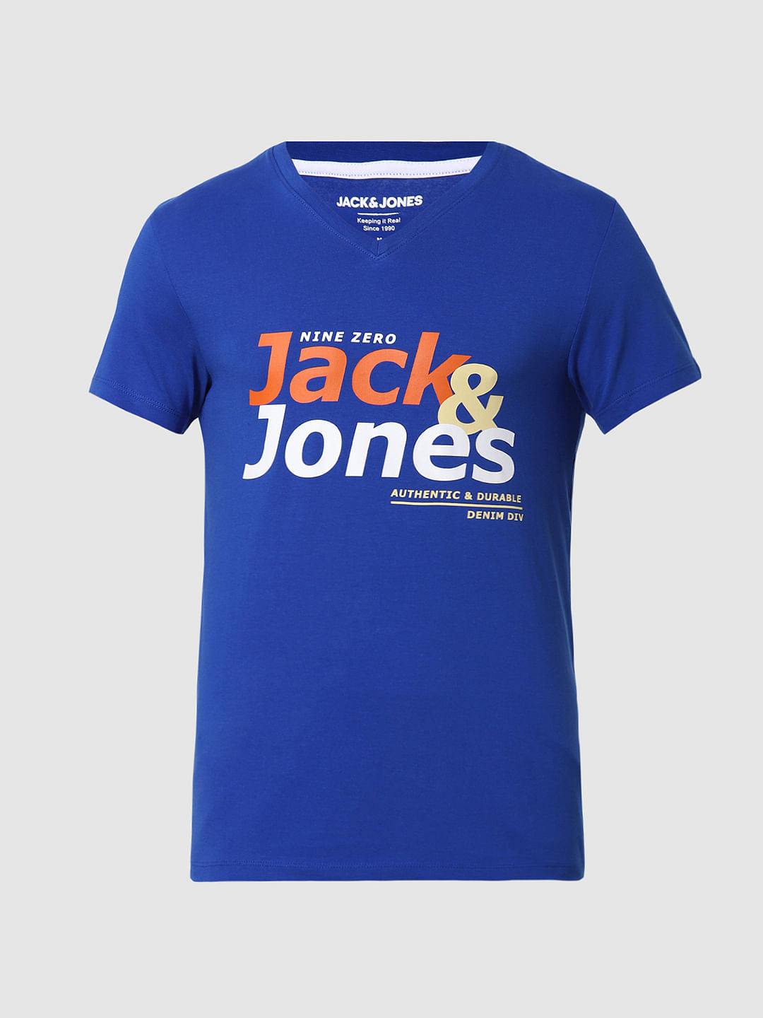 Blue Logo Print V Neck T-shirt Online in India - Flat 10% Off