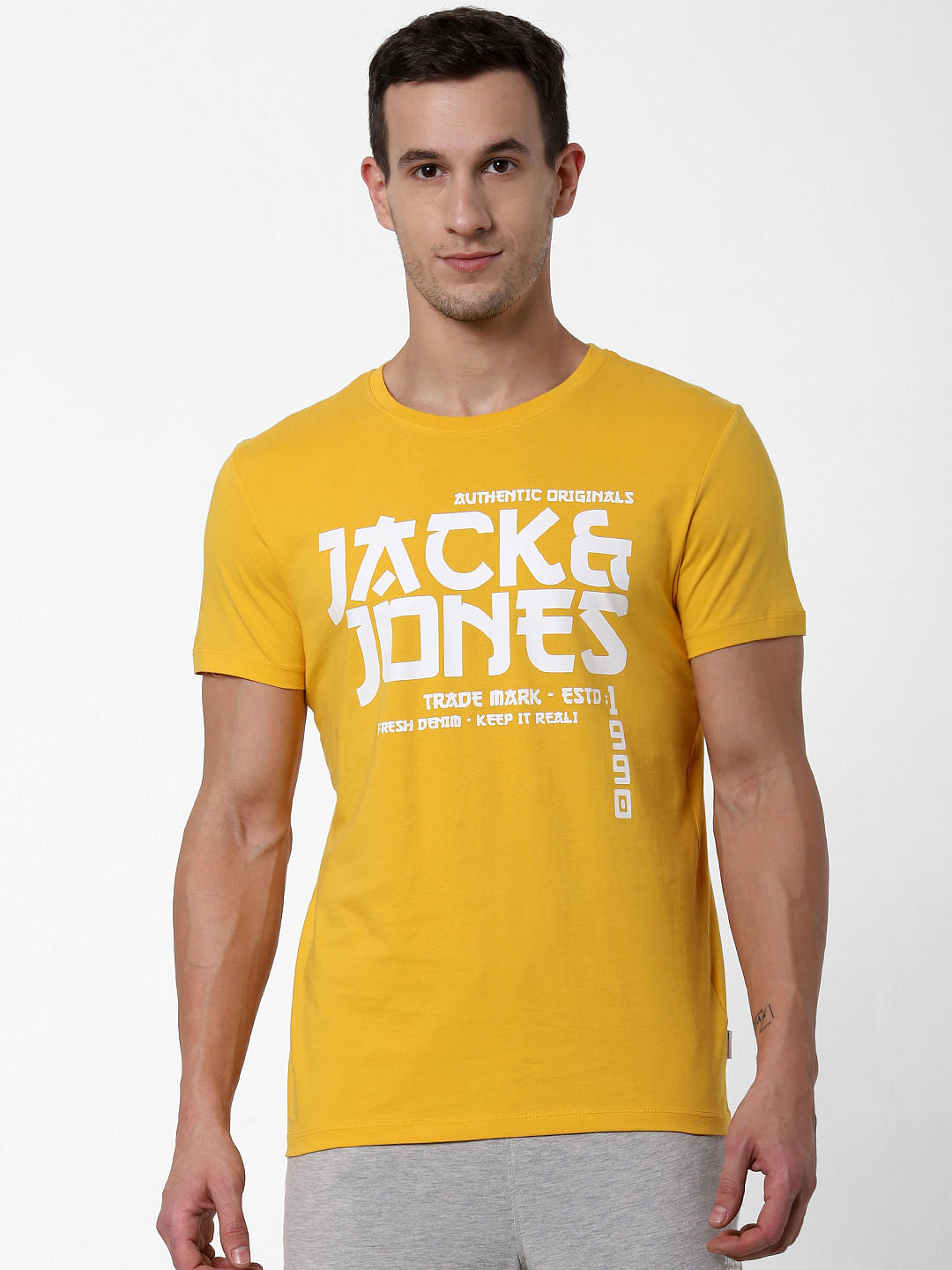 Yellow Logo Print Crew Neck T-shirt Online in India - Flat 10% Off