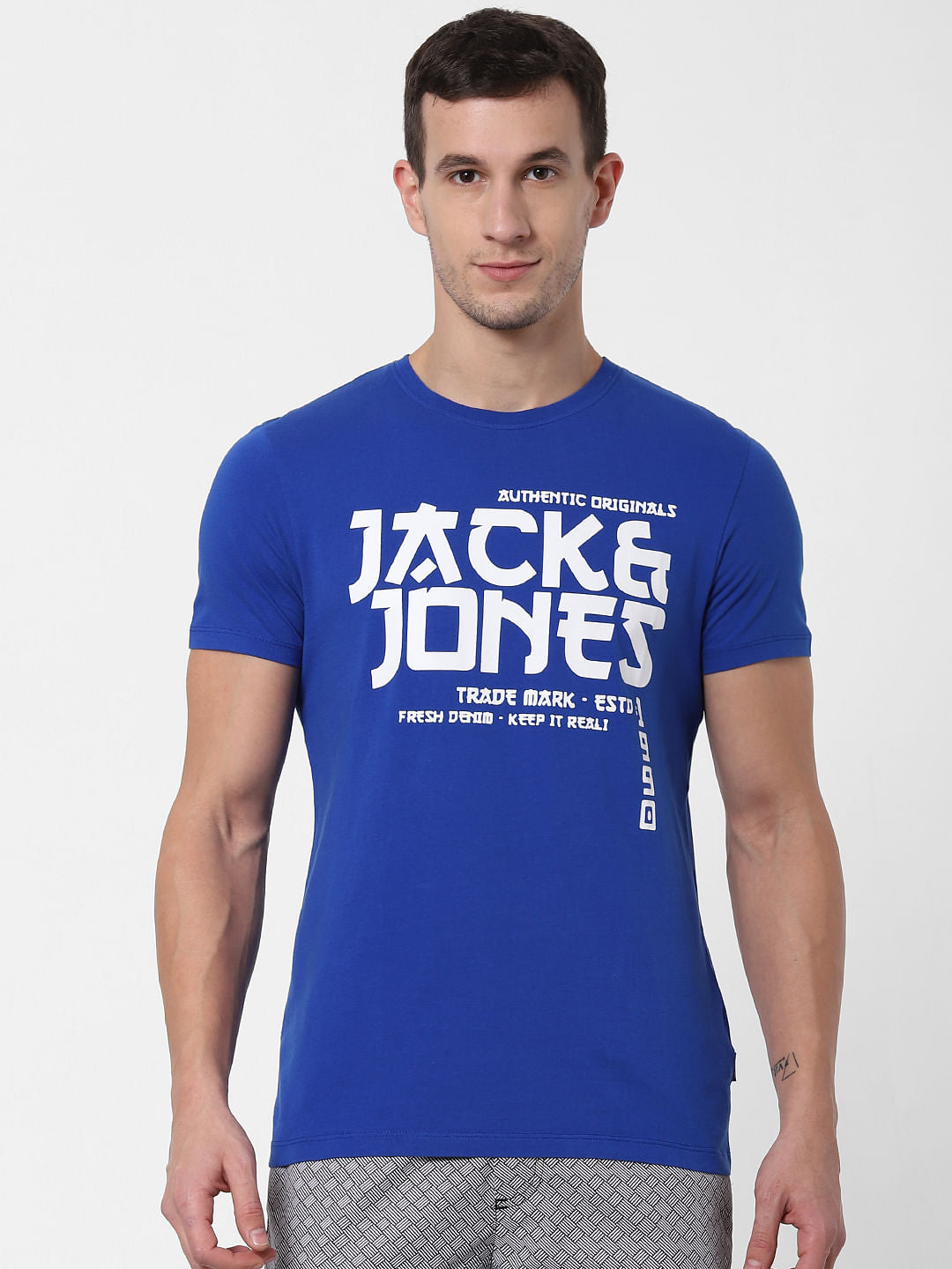 Blue Logo Print Crew Neck T-shirt Online in India - Flat 10% Off