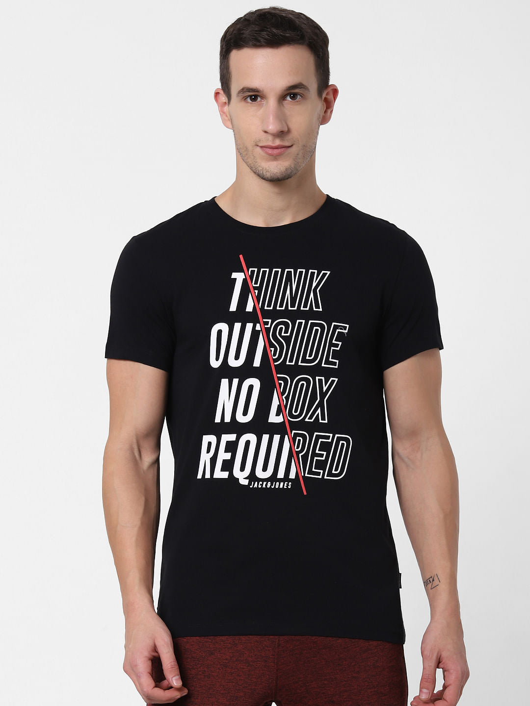 Black Text Print Crew Neck T-shirt Online in India - Flat 10% Off