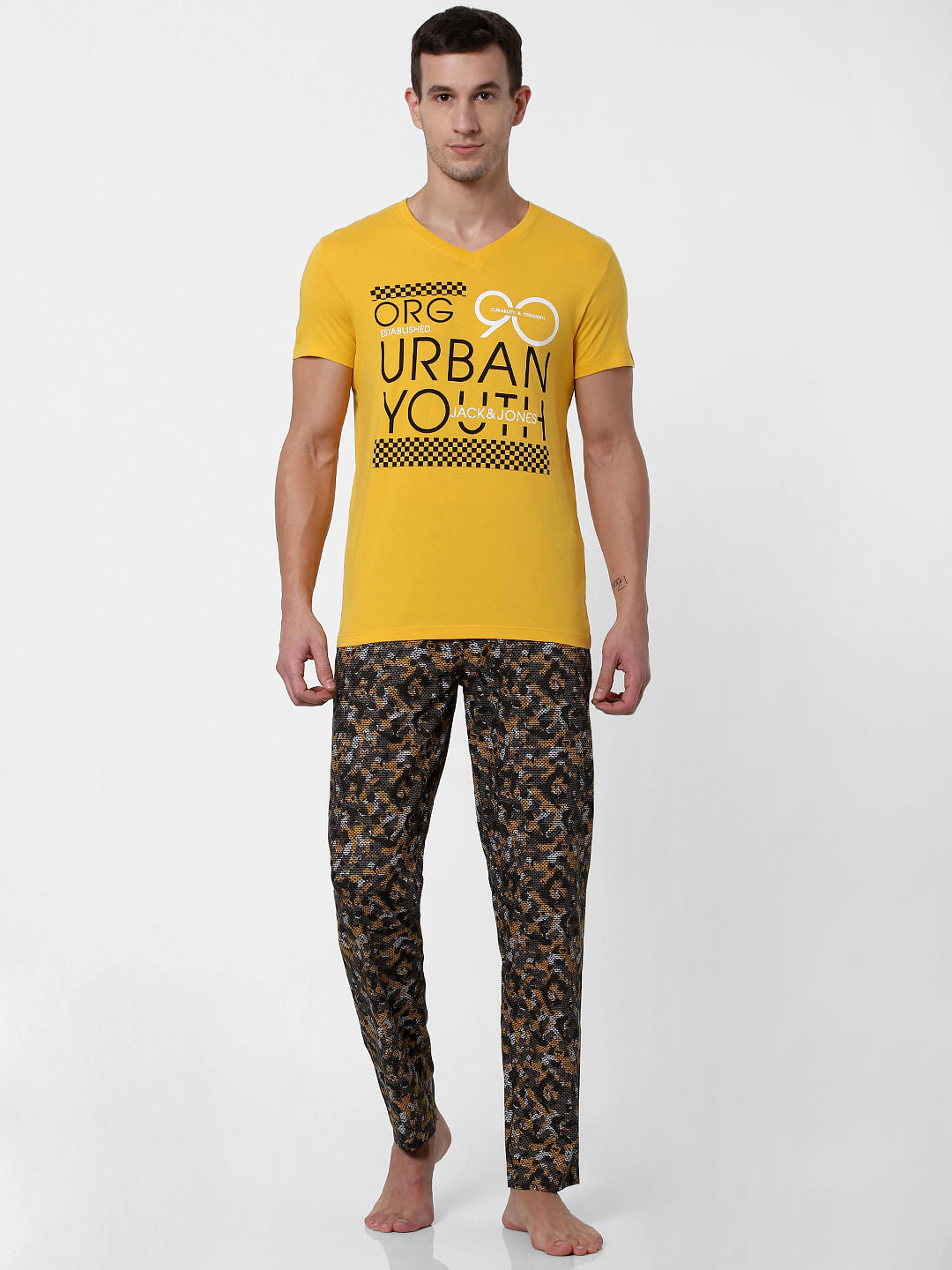 Yellow Text Print V Neck T-shirt Online in India - Flat 10% Off - S