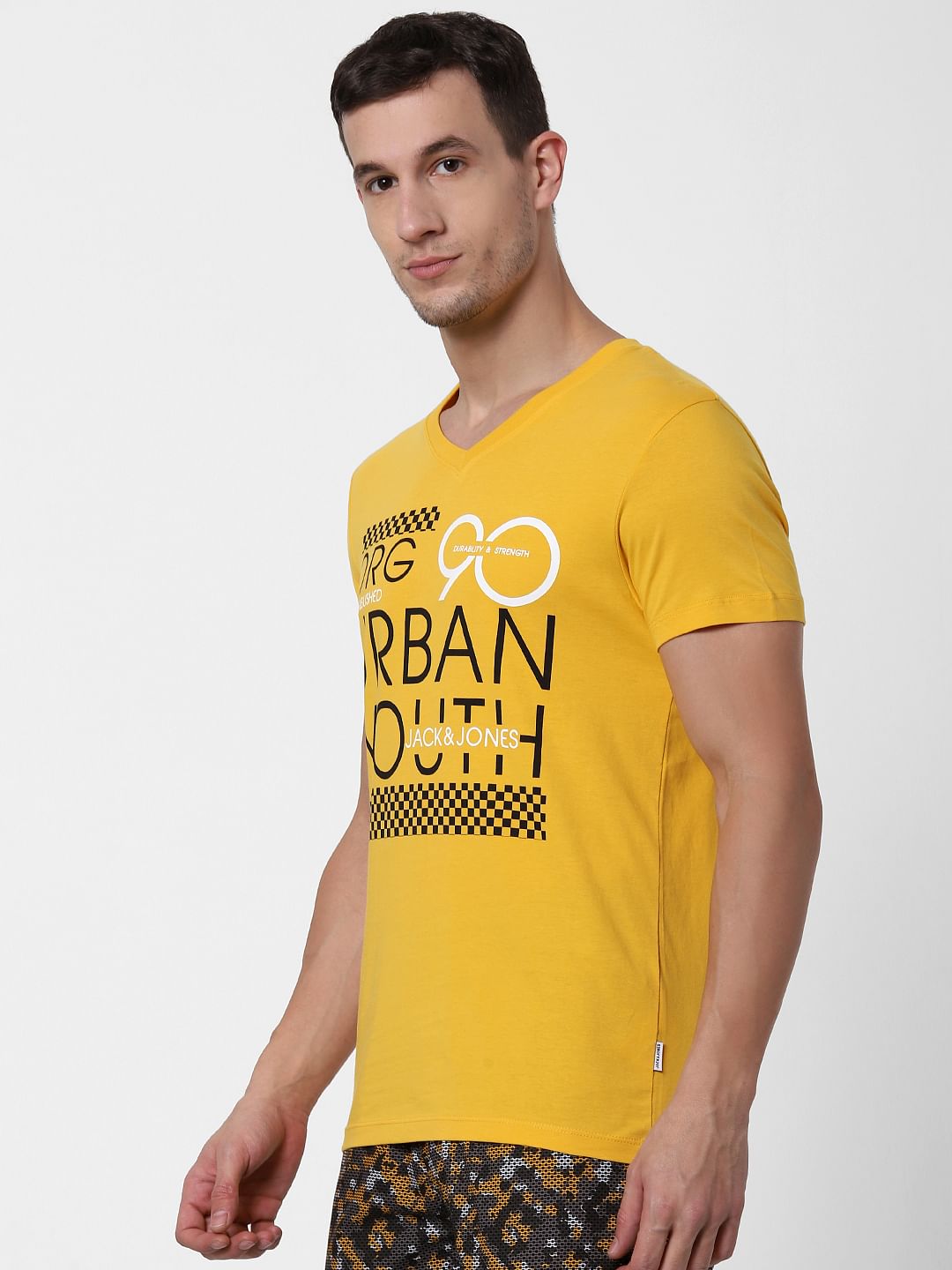 Yellow Text Print V Neck T-shirt Online in India - Flat 10% Off
