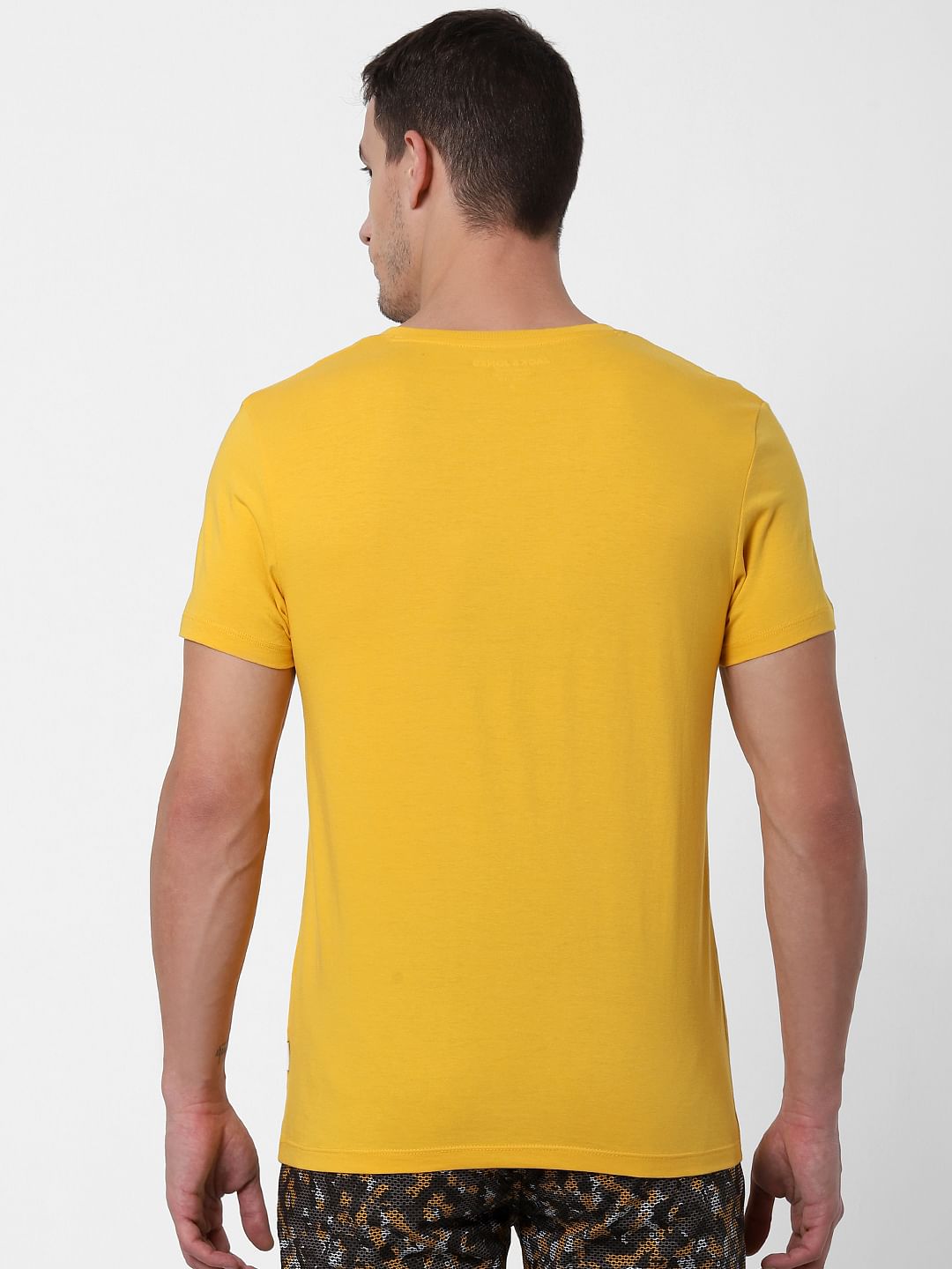 Yellow Text Print V Neck T-shirt Online in India - Flat 10% Off