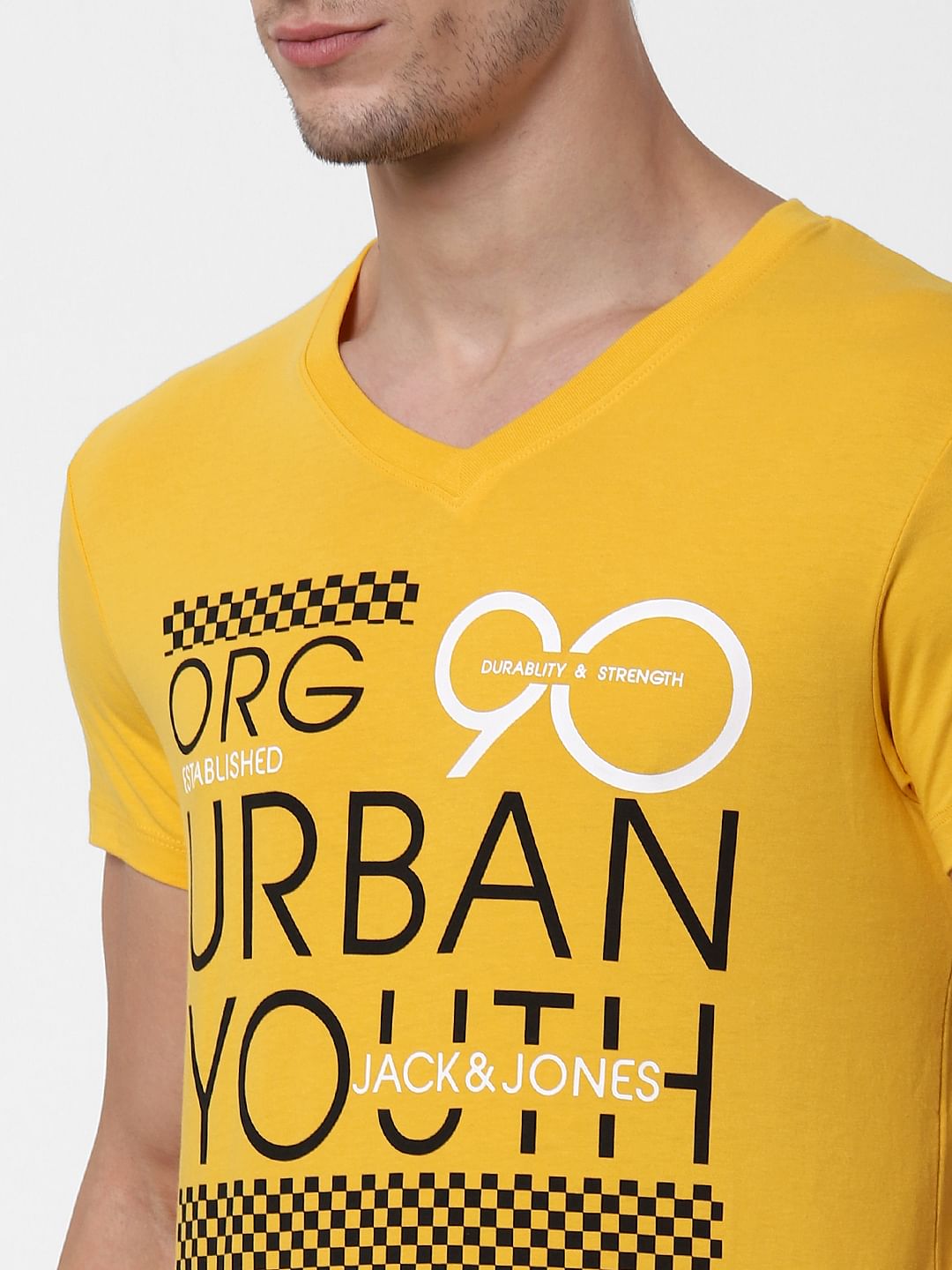 Yellow Text Print V Neck T-shirt Online in India - Flat 10% Off