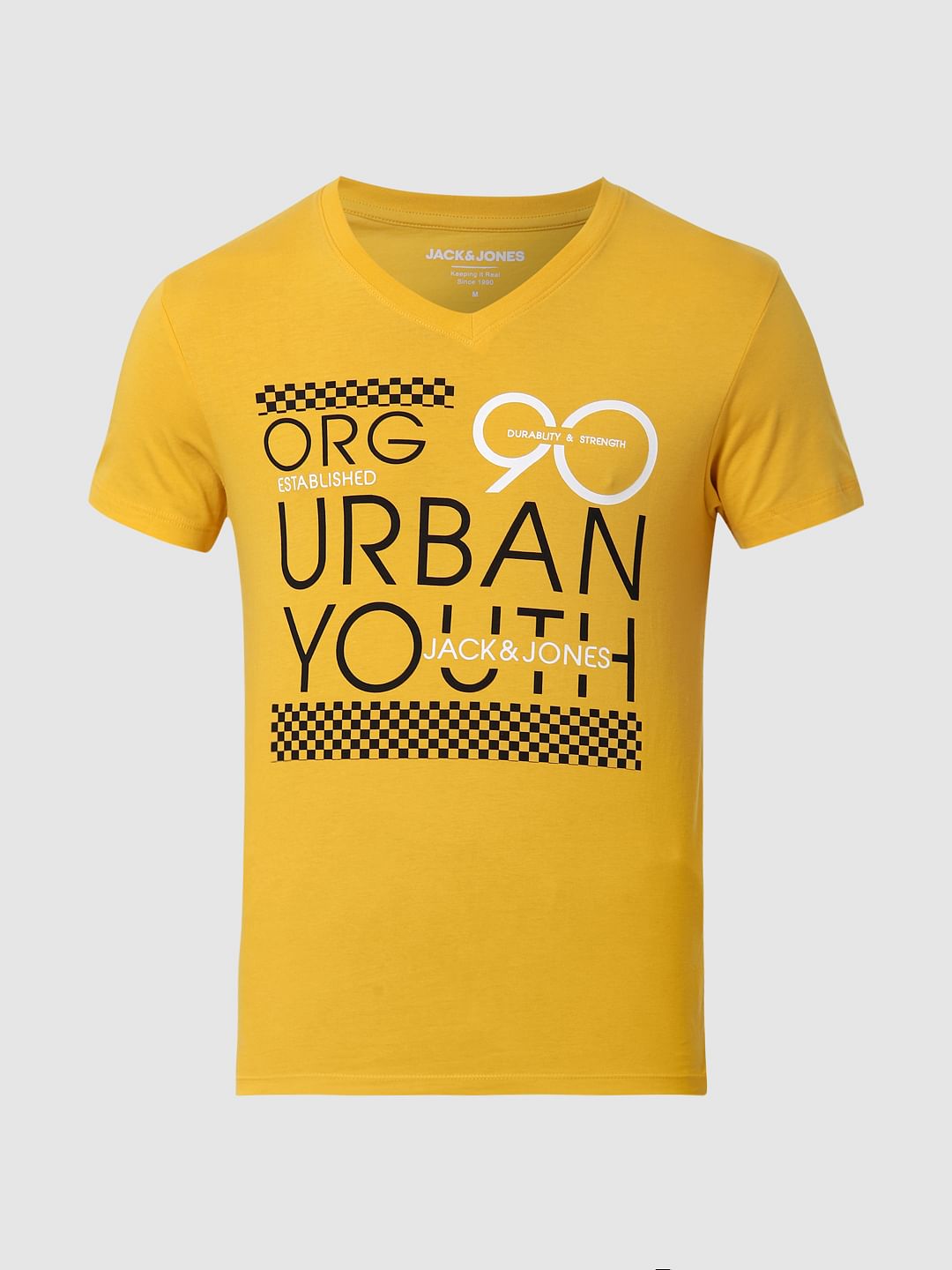 Yellow Text Print V Neck T-shirt Online in India - Flat 10% Off