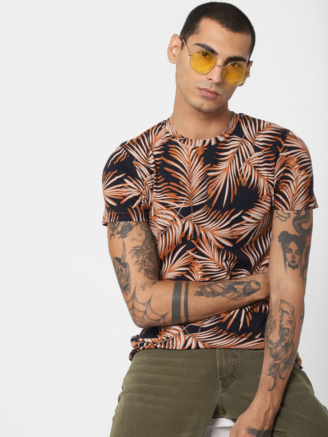Brown Tropical Print Crew Neck T-shirt - S