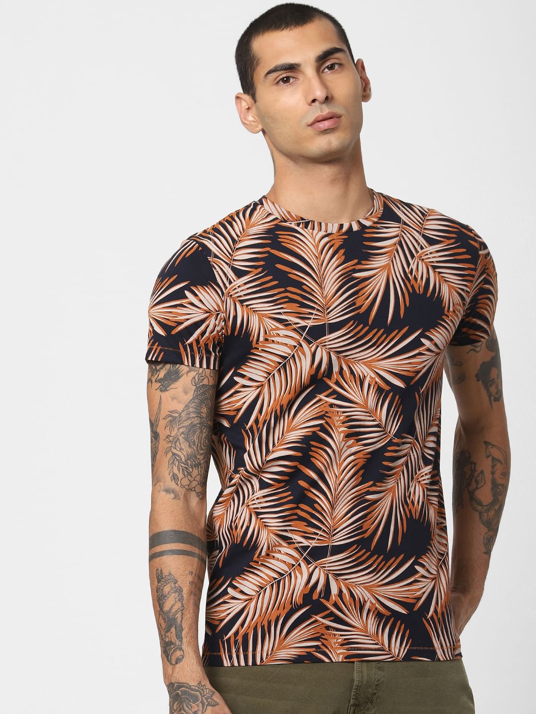 Brown Tropical Print Crew Neck T-shirt