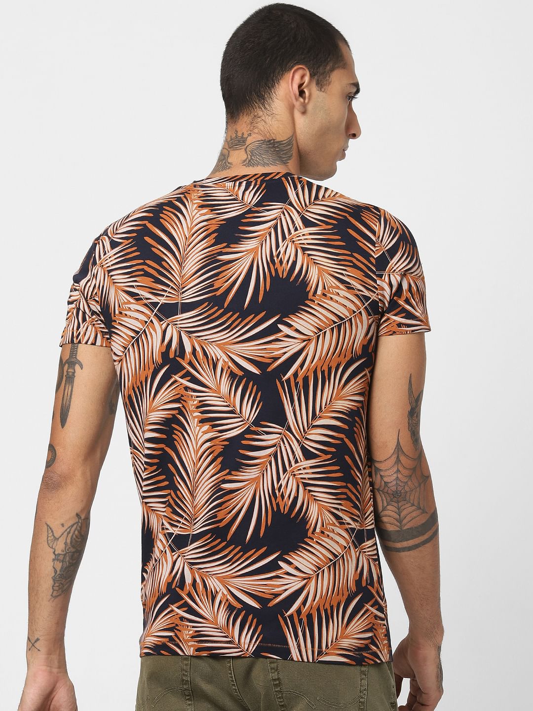 Brown Tropical Print Crew Neck T-shirt