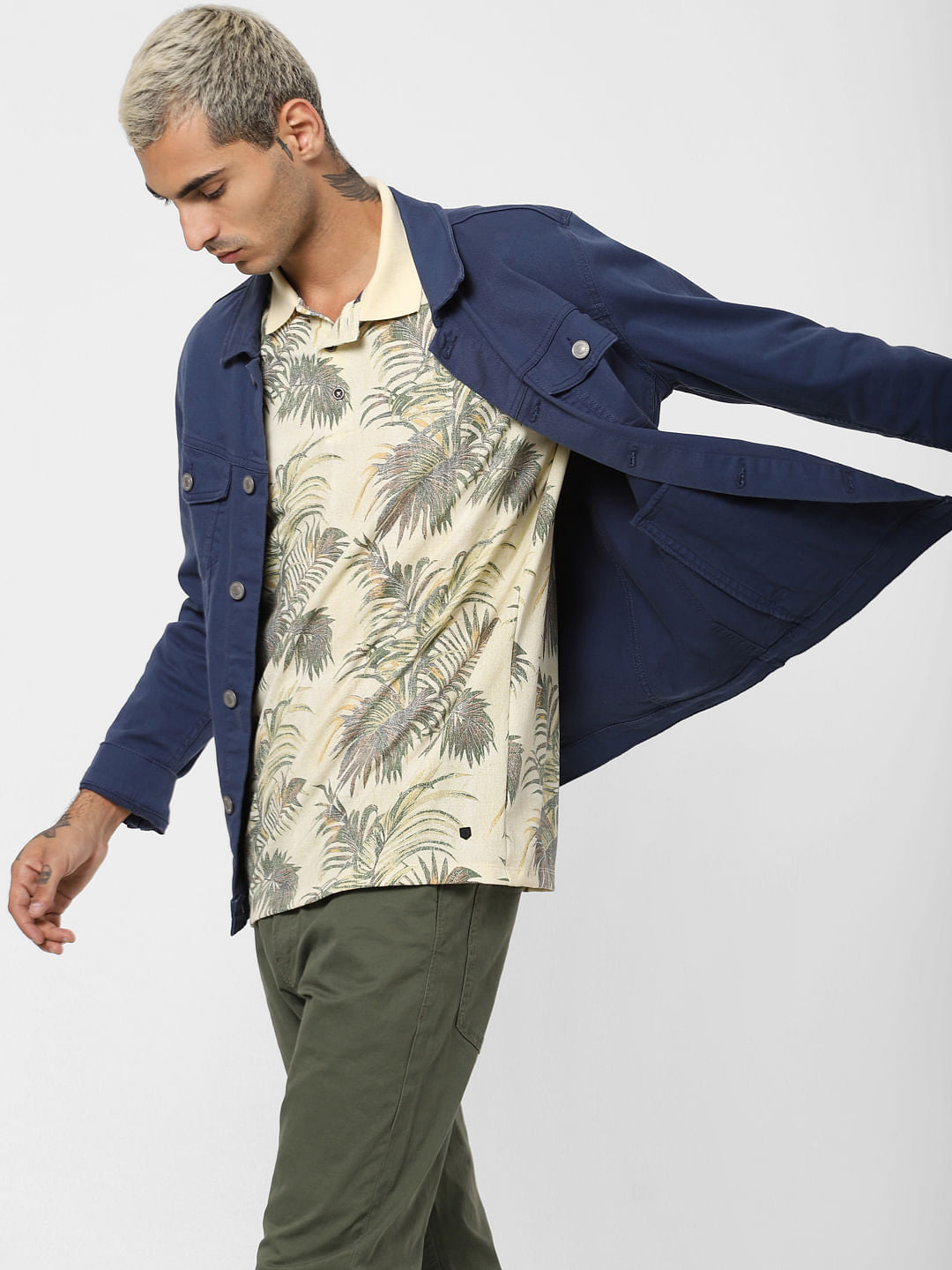 Light Yellow Tropical Print Polo T-shirt - S