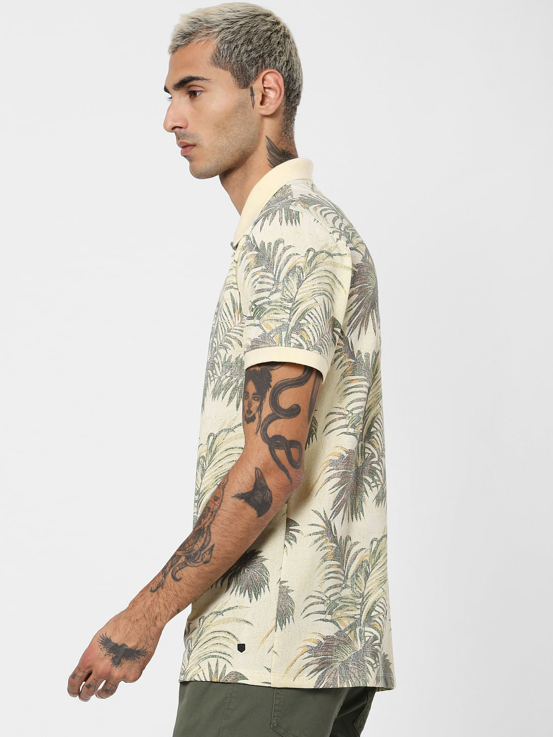 Light Yellow Tropical Print Polo T-shirt