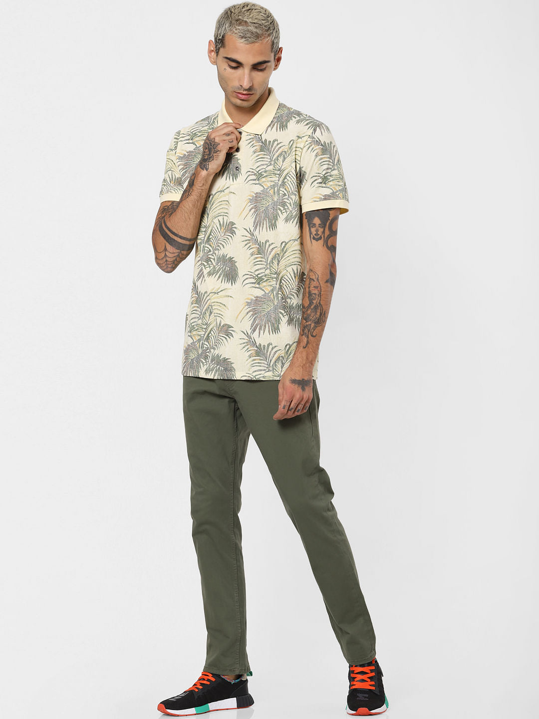 Light Yellow Tropical Print Polo T-shirt