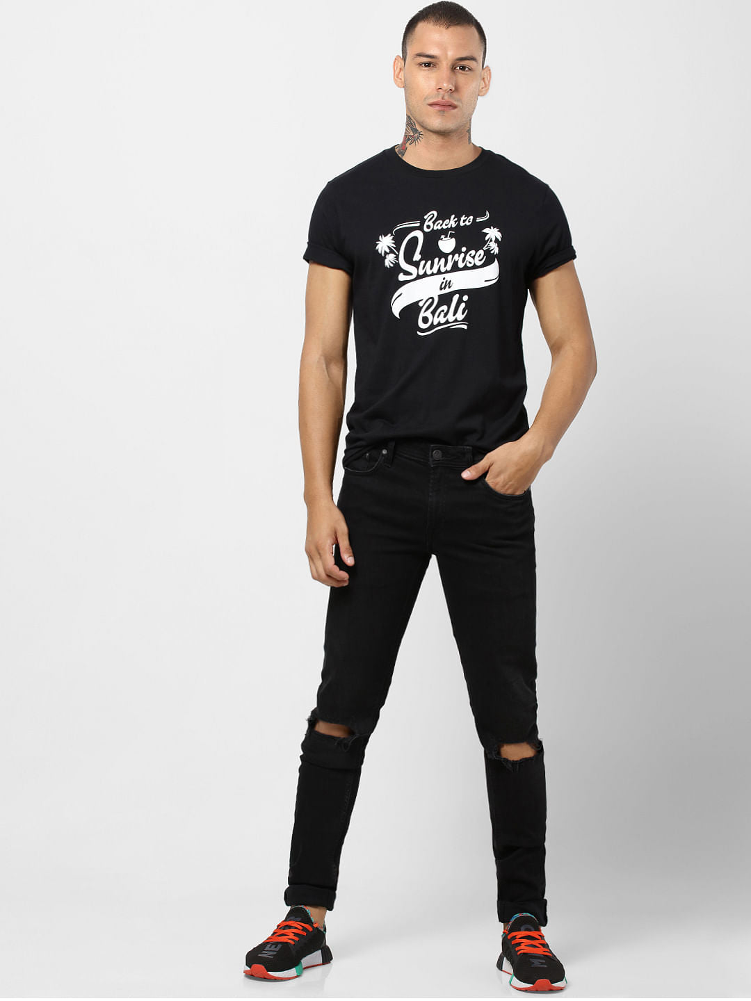 Black Typographic Print Crew Neck T-shirt