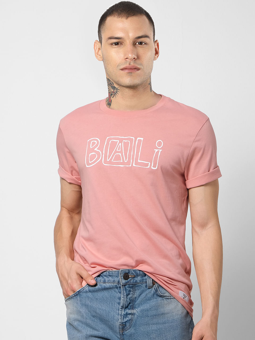 Pink Text Print Crew Neck T-shirt