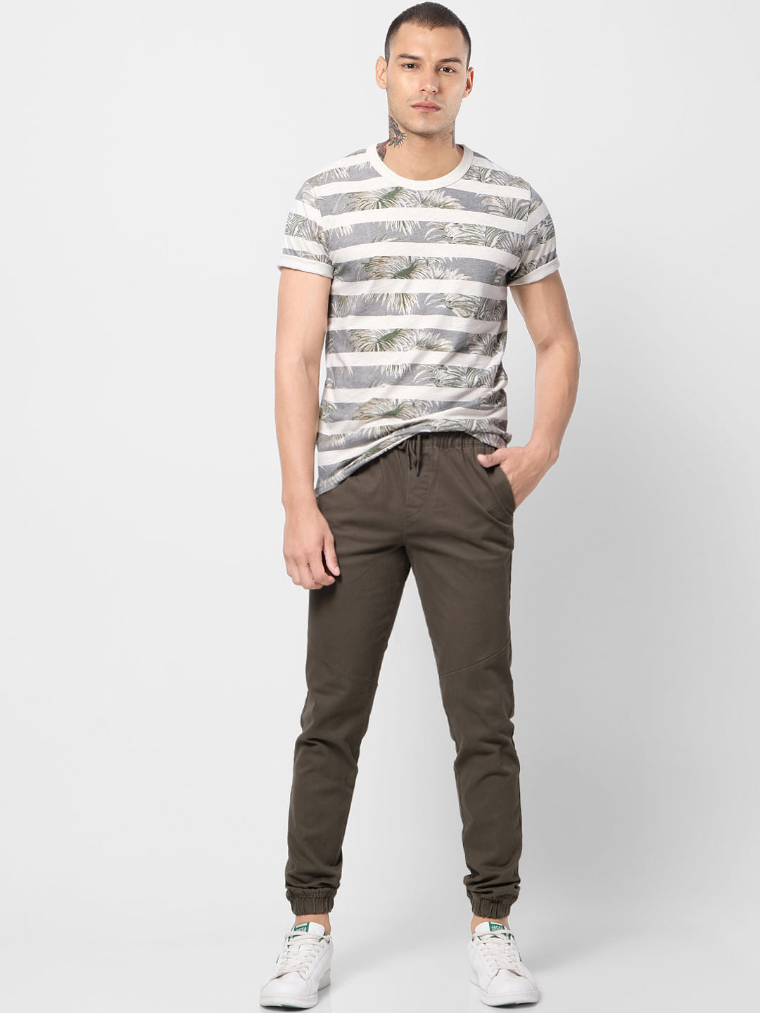 Grey Tropical Print Crew Neck T-shirt