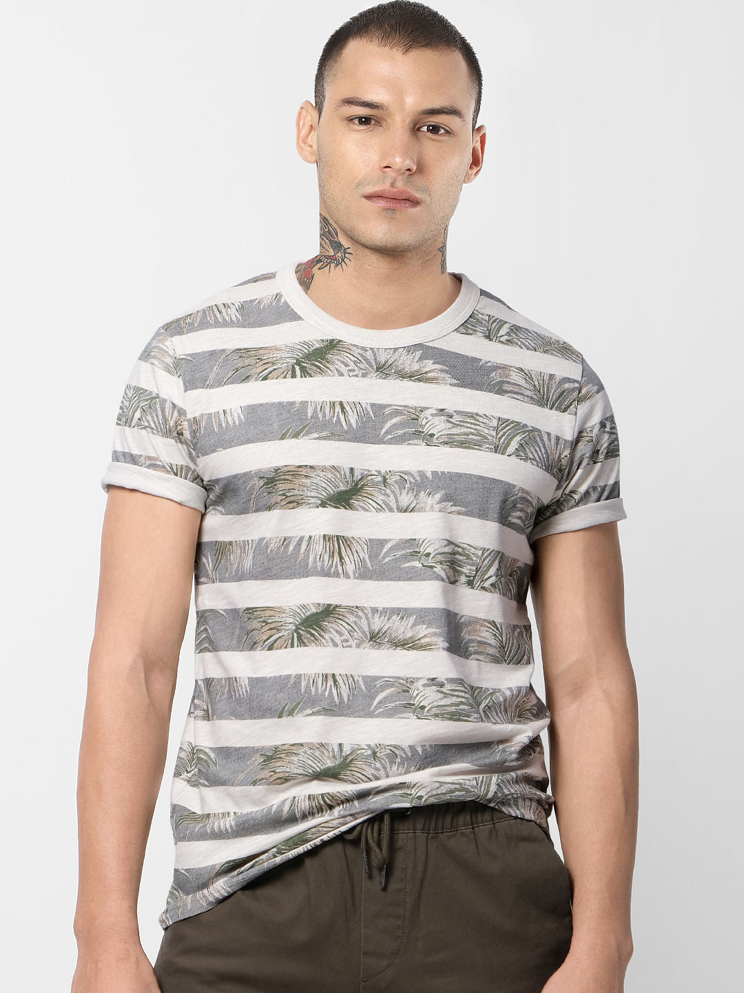 Grey Tropical Print Crew Neck T-shirt
