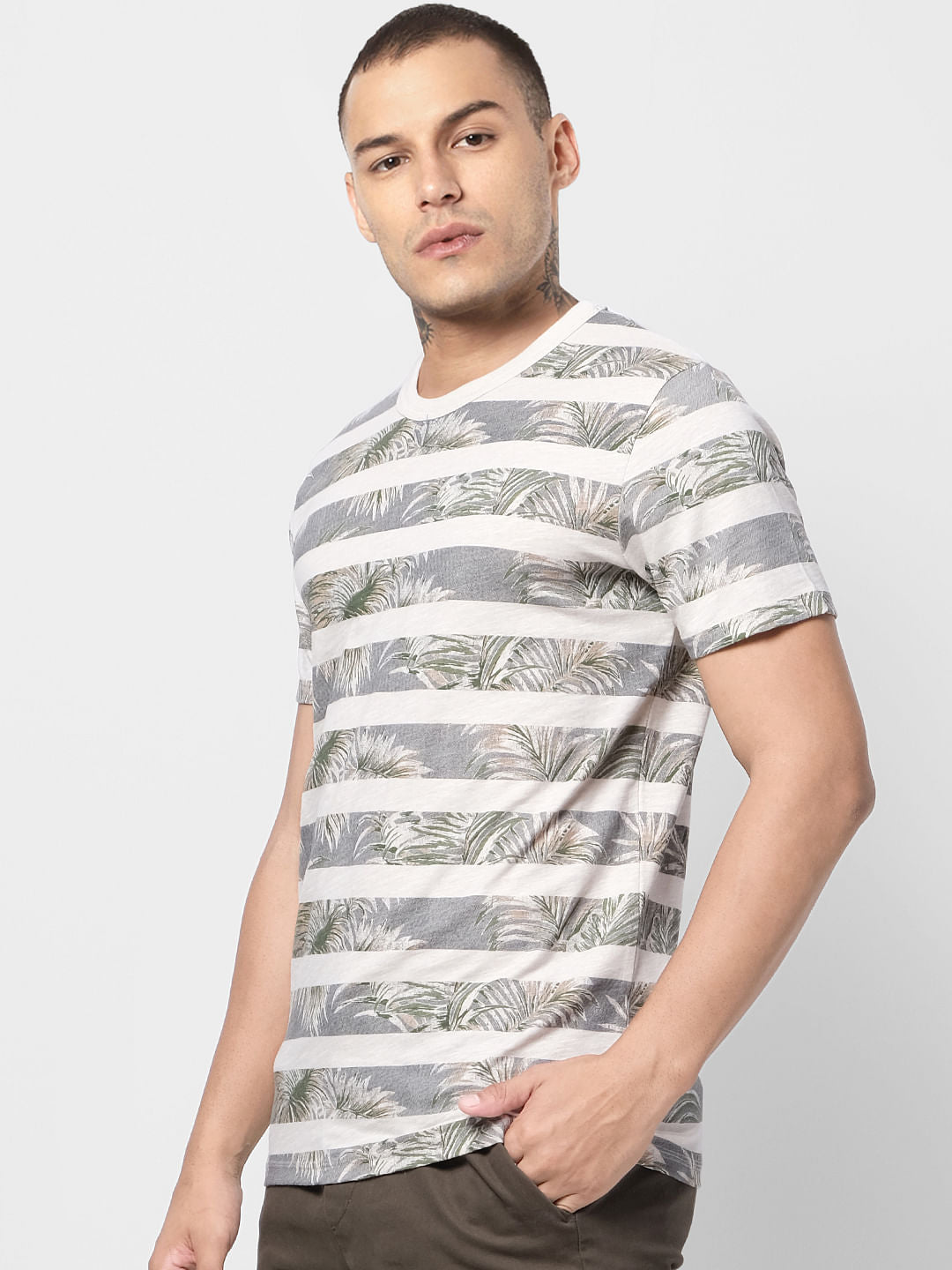 Grey Tropical Print Crew Neck T-shirt