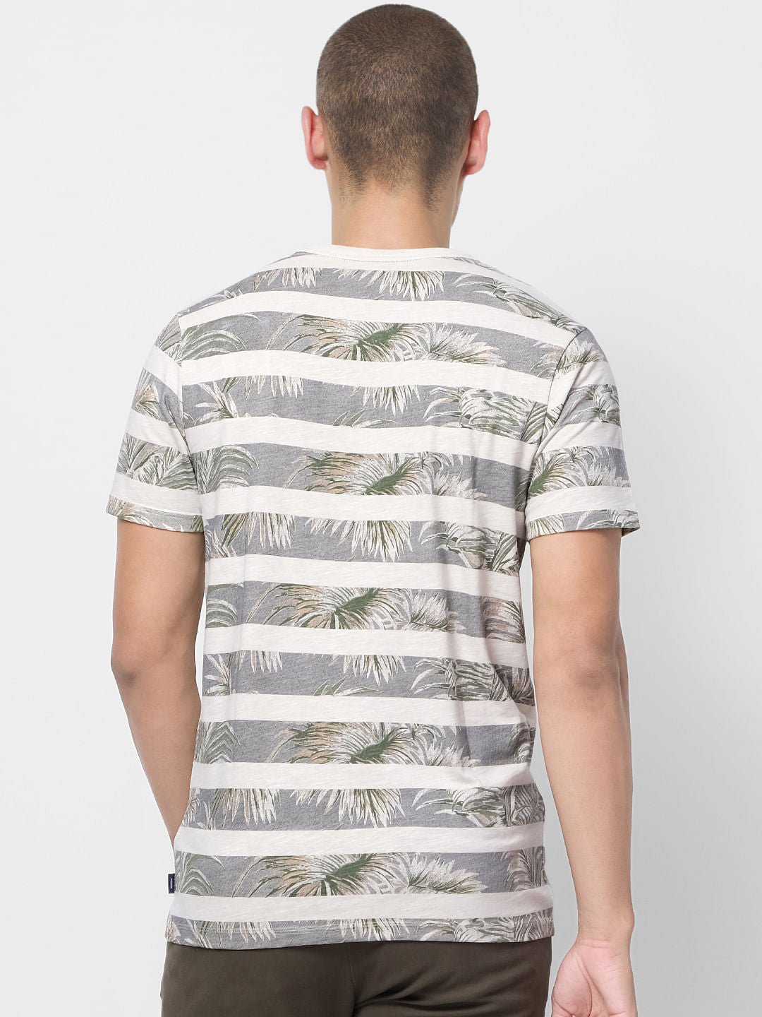 Grey Tropical Print Crew Neck T-shirt
