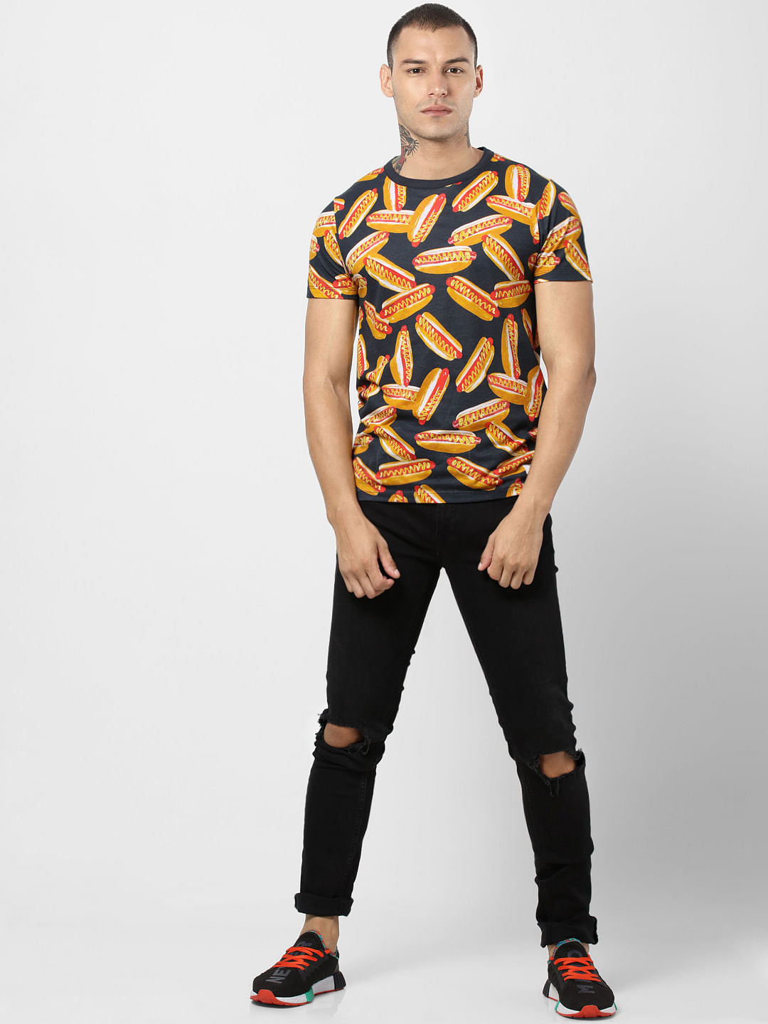 Black Hot Dog Print Crew Neck T-shirt - S