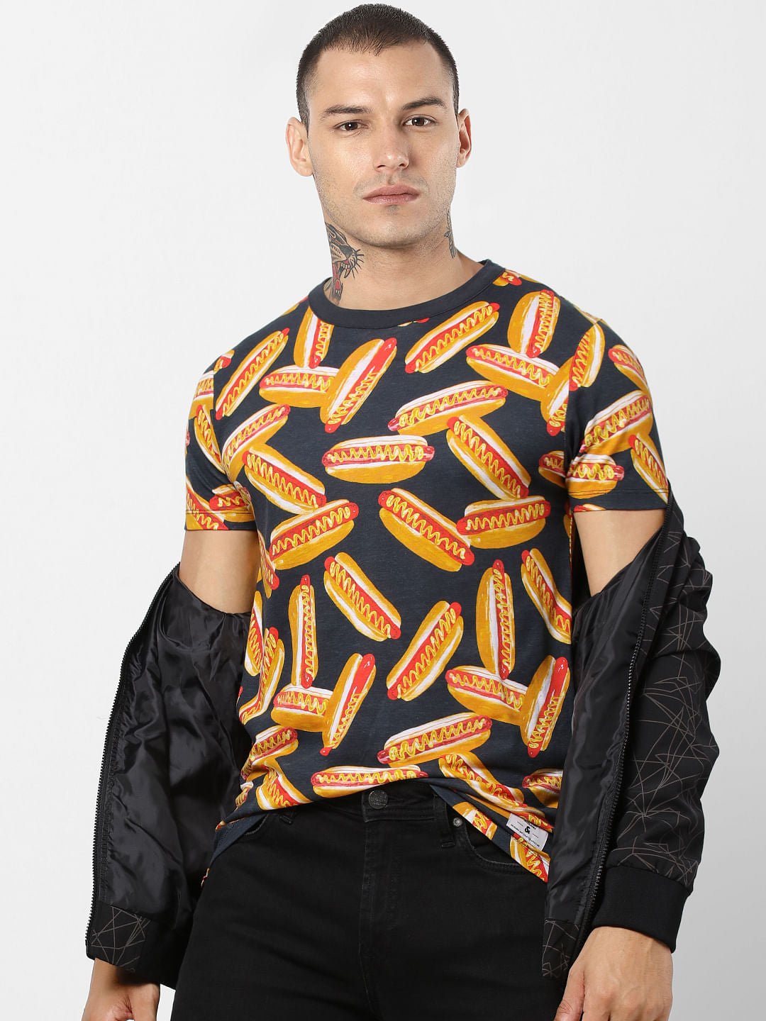 Black Hot Dog Print Crew Neck T-shirt