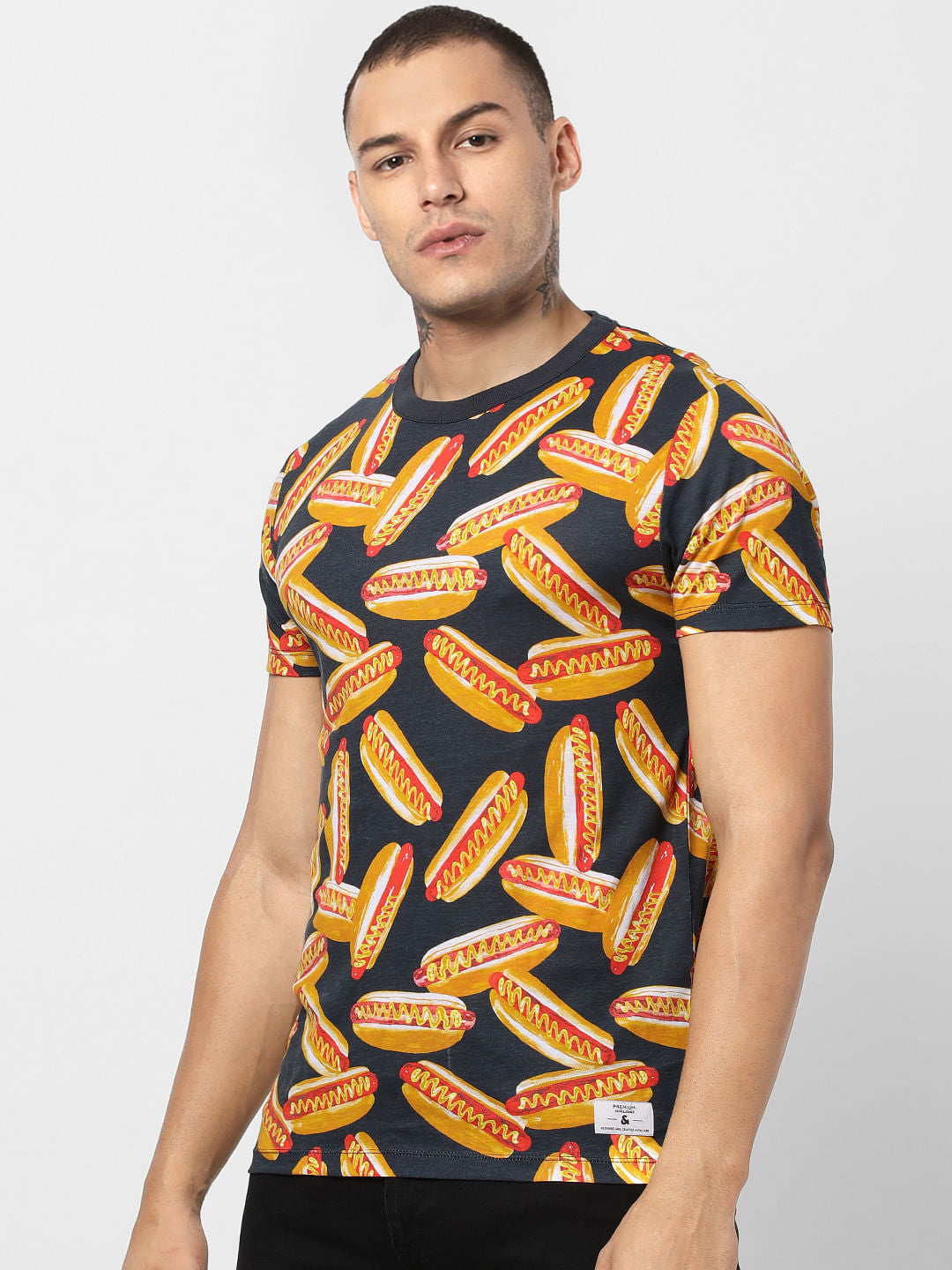 Black Hot Dog Print Crew Neck T-shirt
