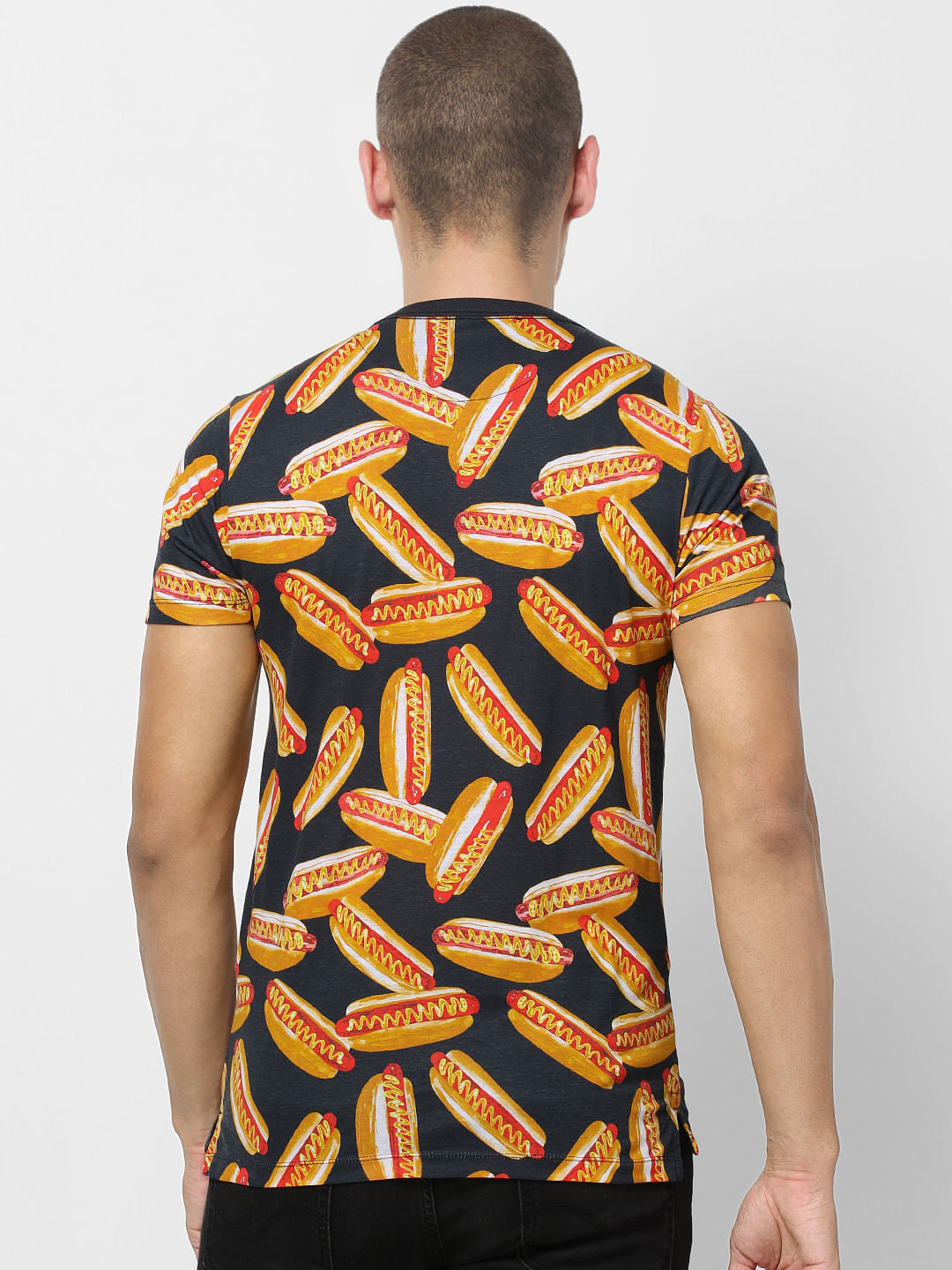 Black Hot Dog Print Crew Neck T-shirt