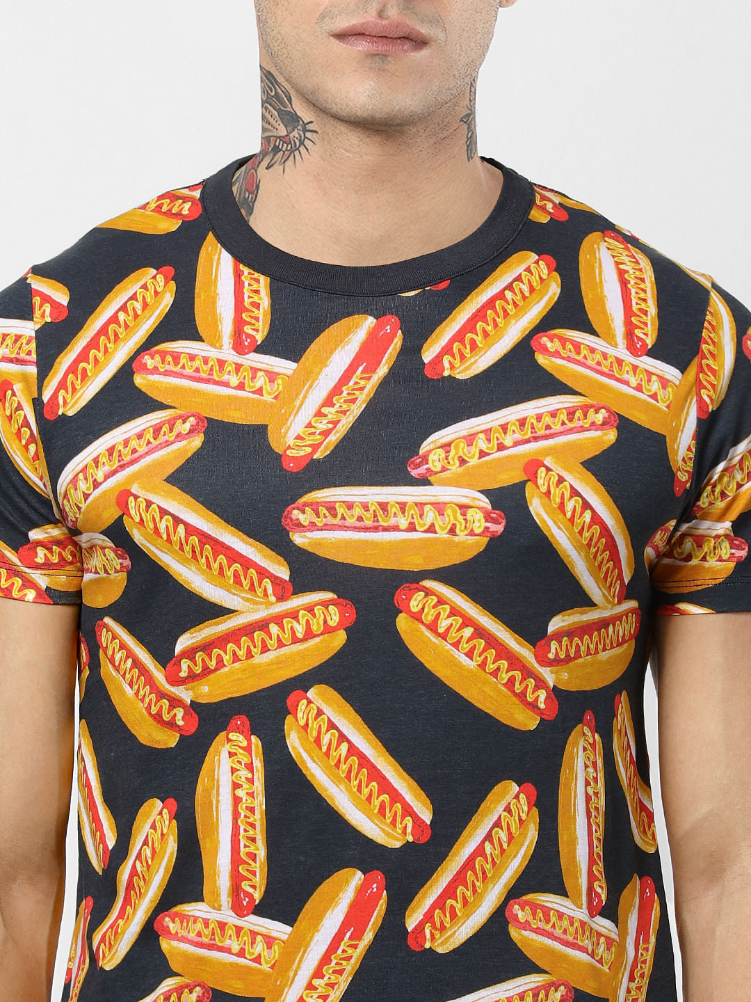 Black Hot Dog Print Crew Neck T-shirt
