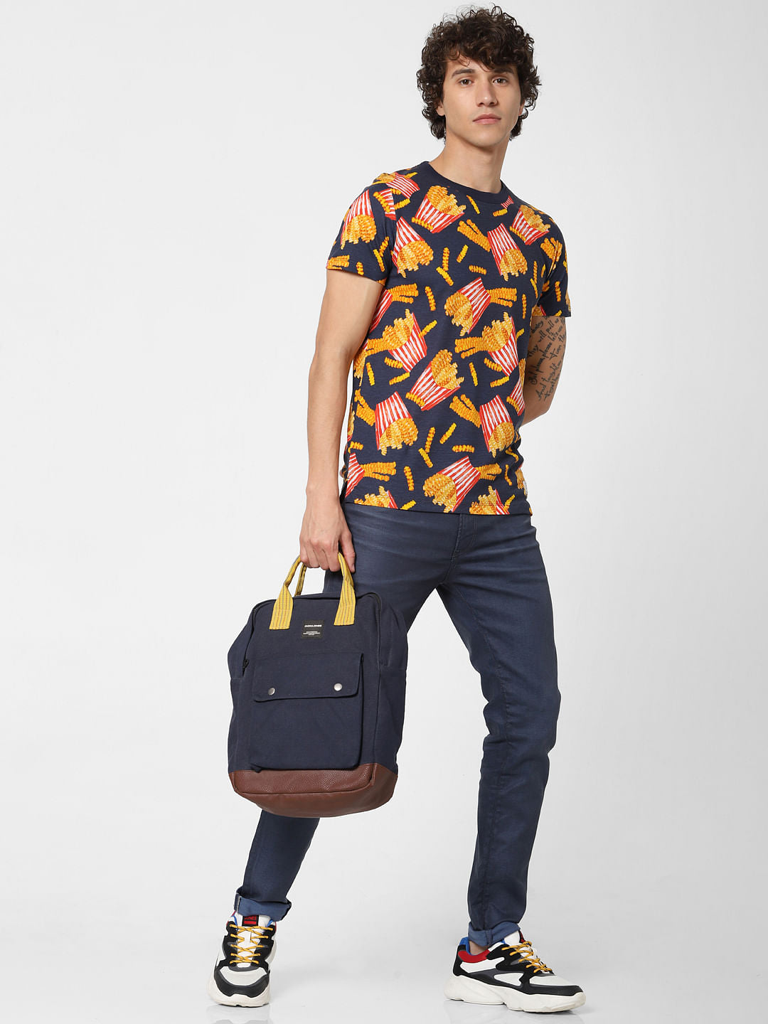 Navy Blue All Over Print Crew Neck T-shirt - S