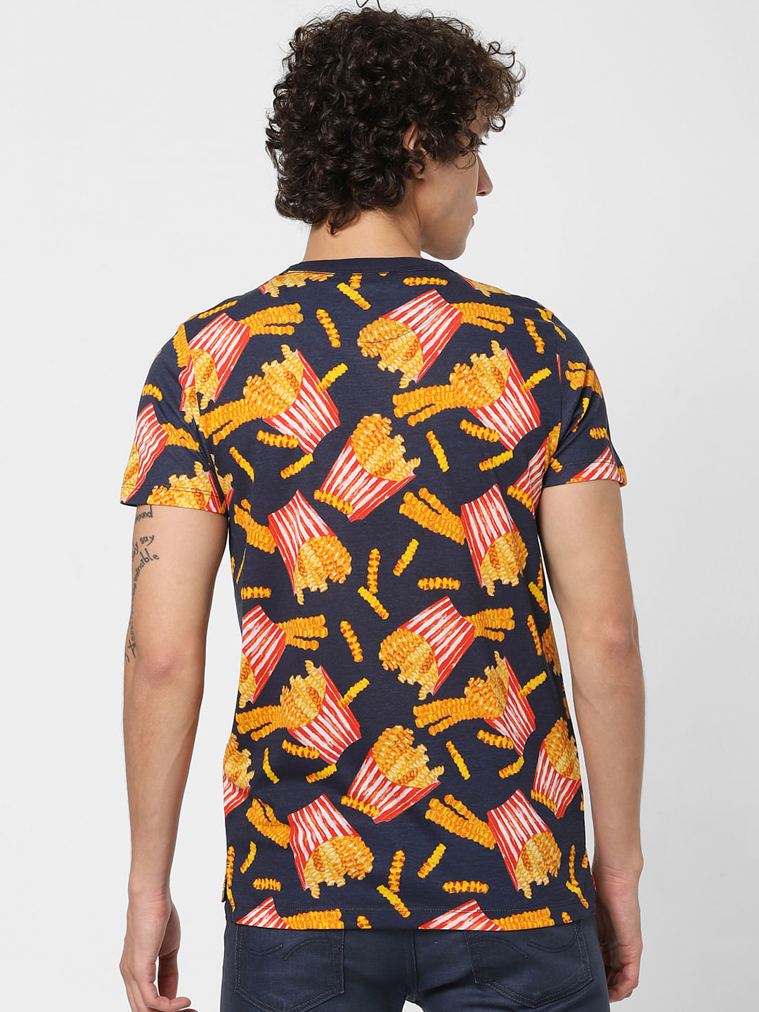Navy Blue All Over Print Crew Neck T-shirt