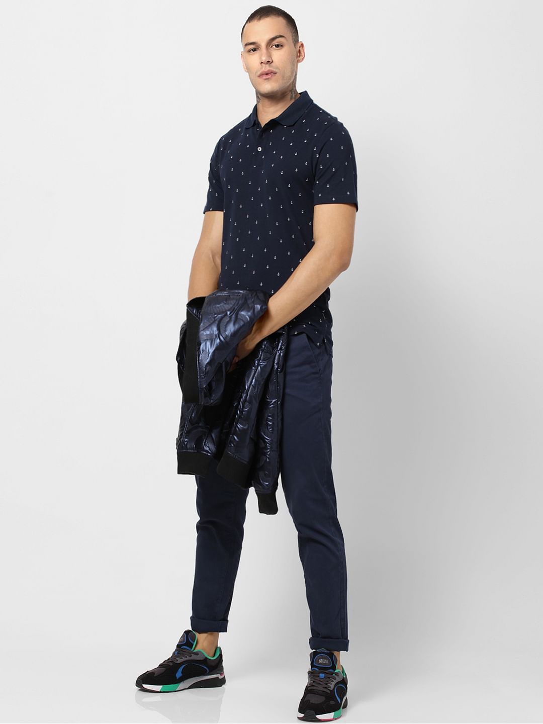Navy Blue All Over Print Polo T-shirt - S