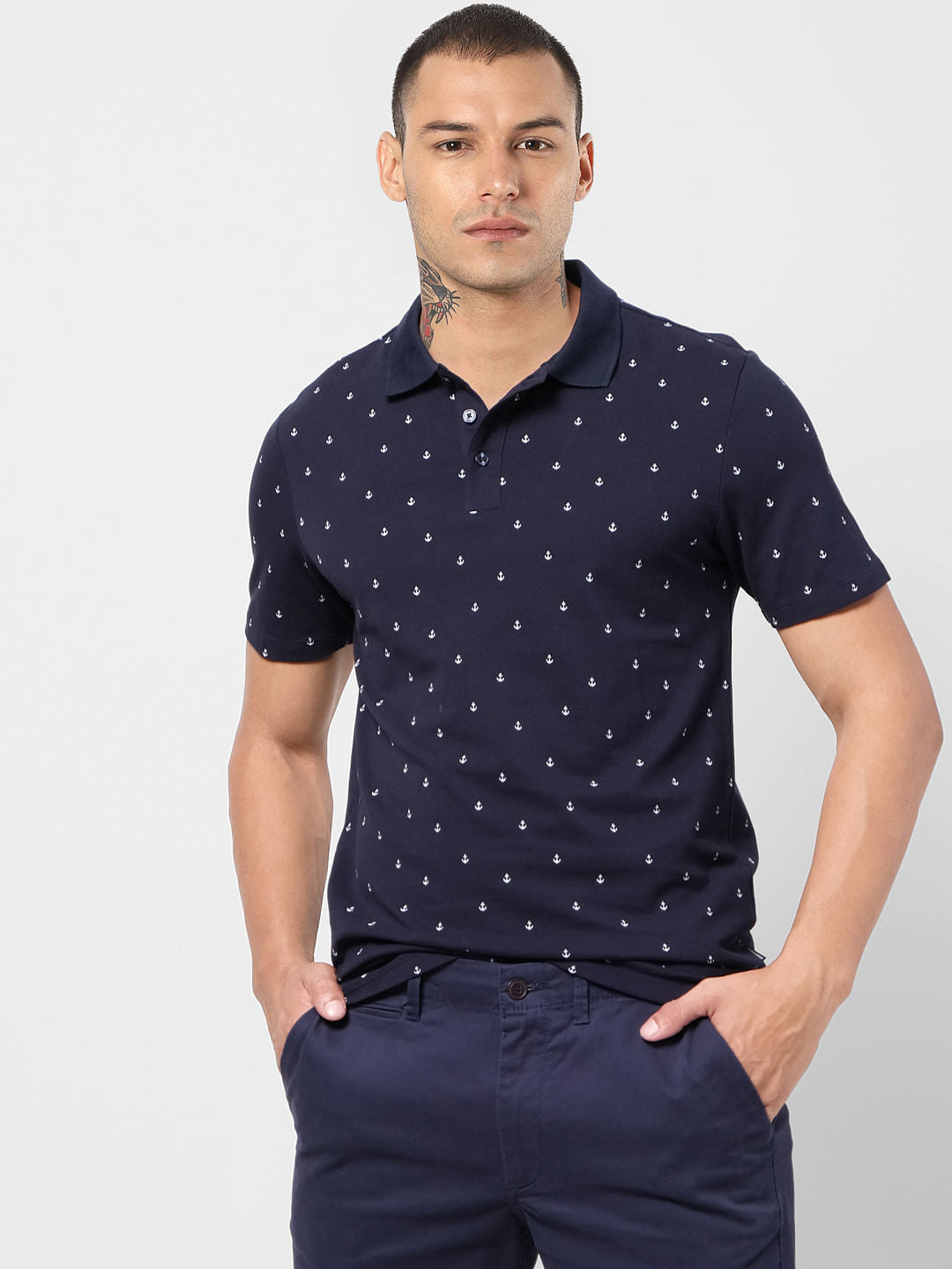 Navy Blue All Over Print Polo T-shirt