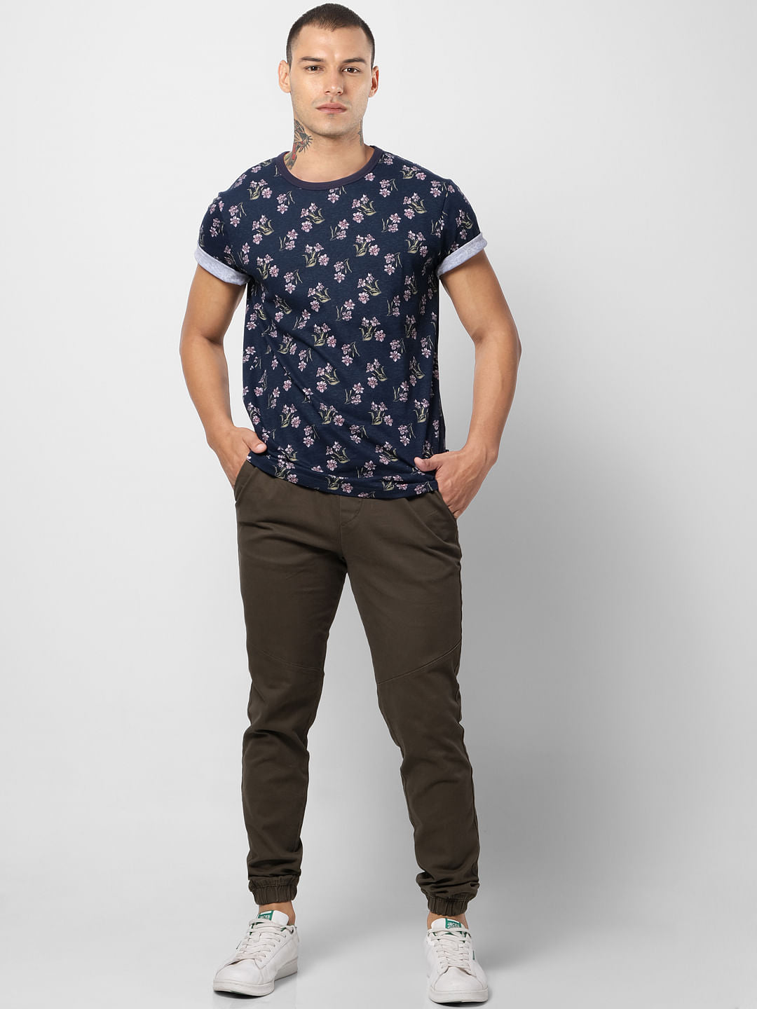 Blue Floral Print Crew Neck T-shirt