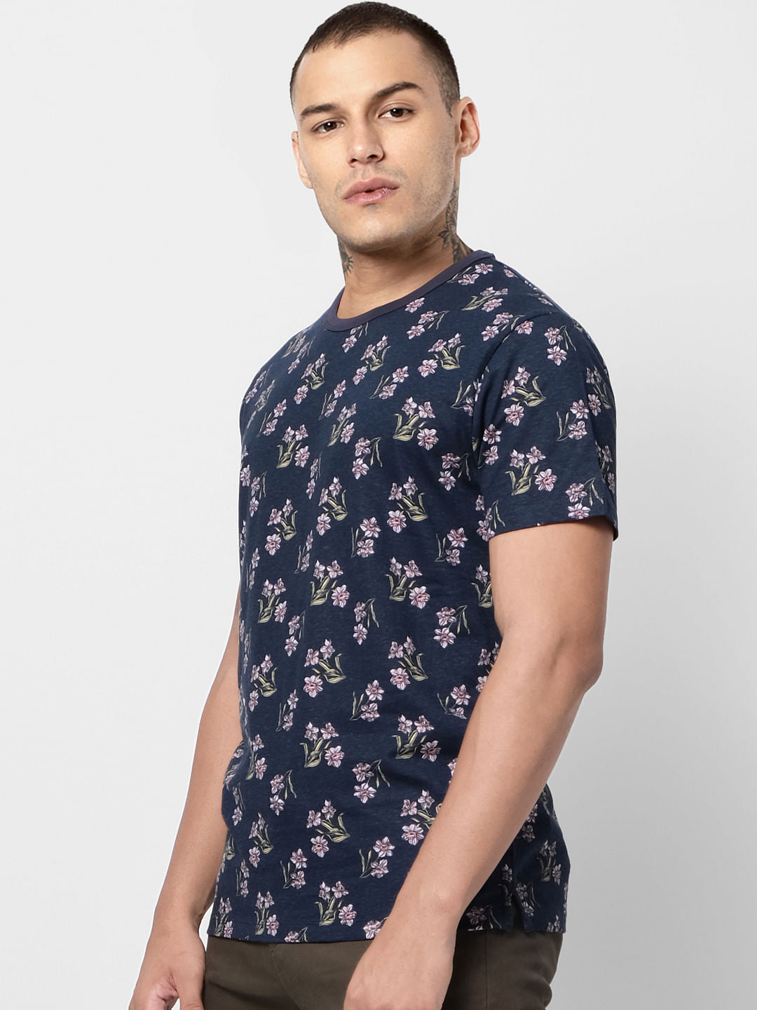 Blue Floral Print Crew Neck T-shirt
