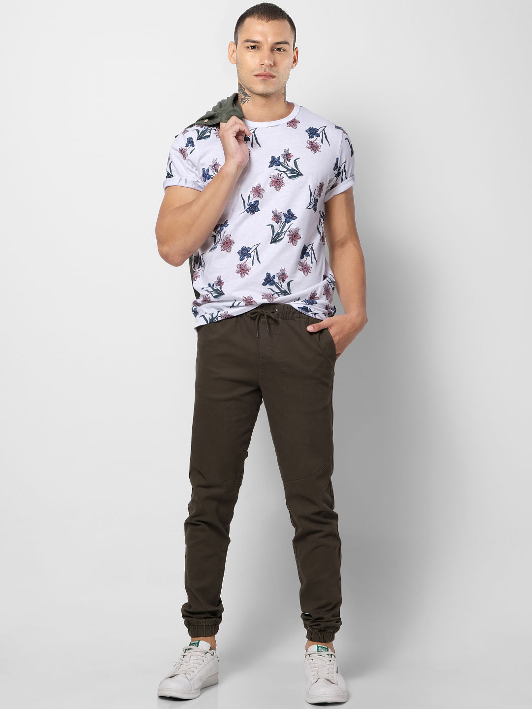 White Floral Print Crew Neck T-shirt - S