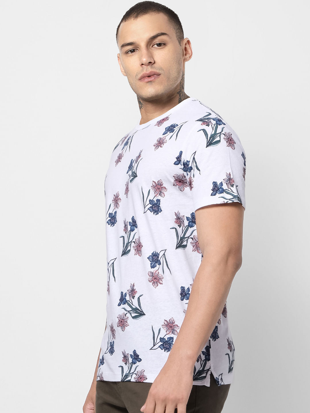 White Floral Print Crew Neck T-shirt