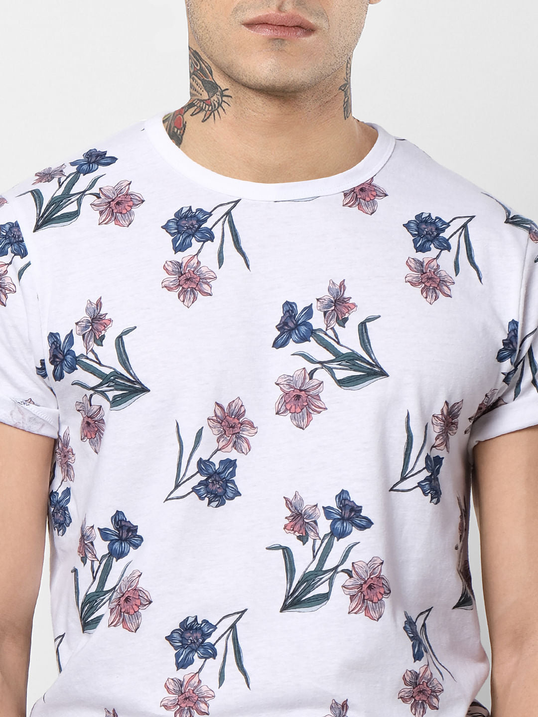 White Floral Print Crew Neck T-shirt