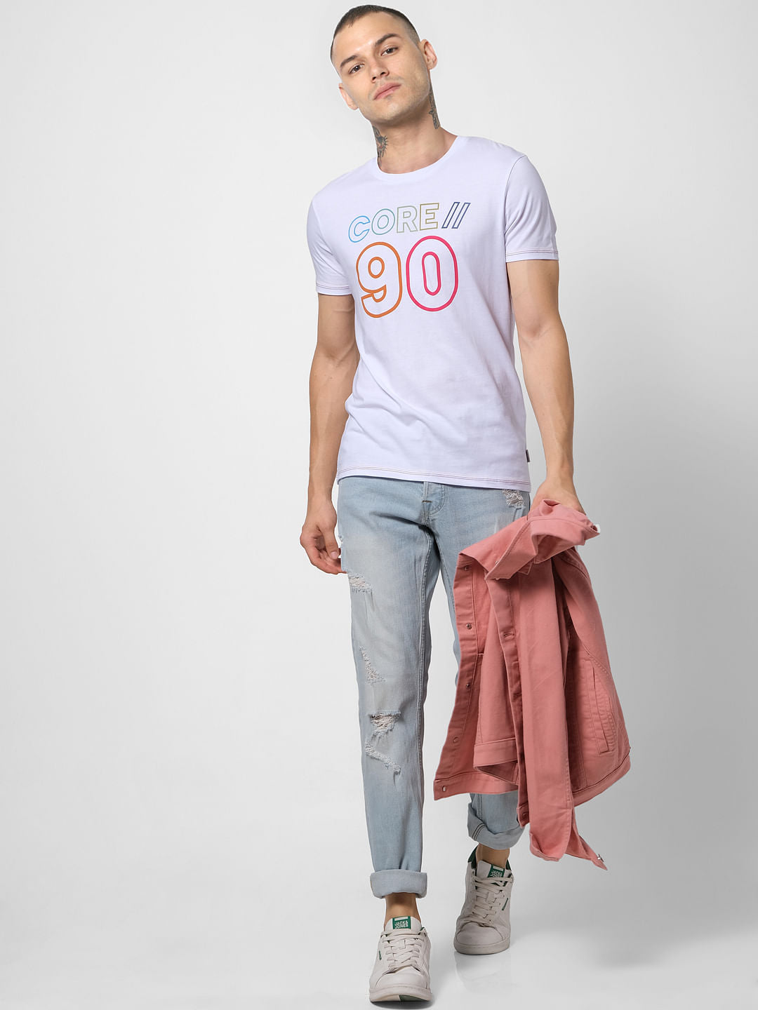 White Text Print Crew Neck T-shirt - S