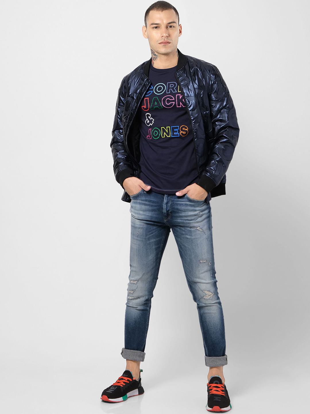Navy Blue Logo Print Crew Neck T-shirt - S