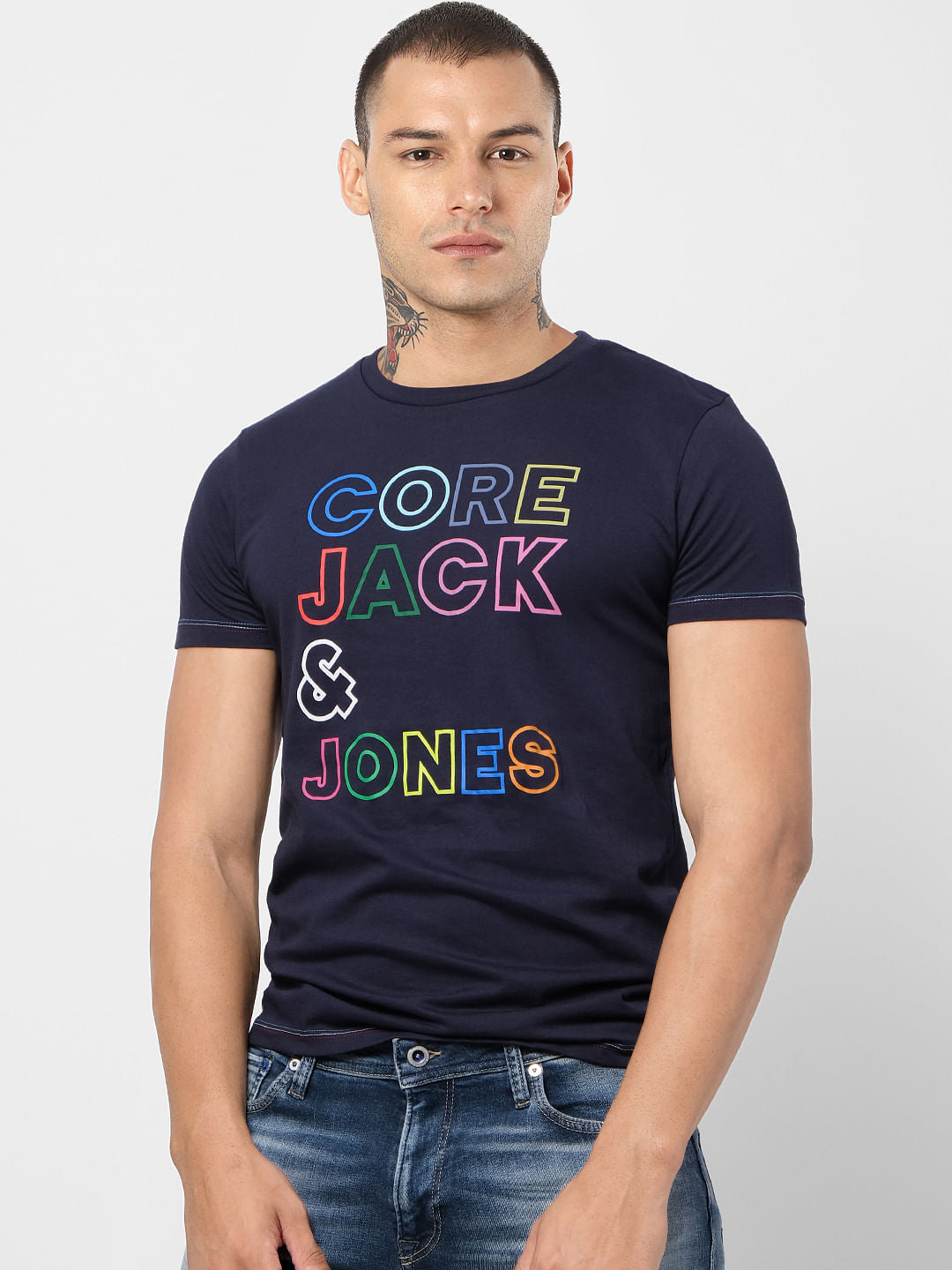 Navy Blue Logo Print Crew Neck T-shirt