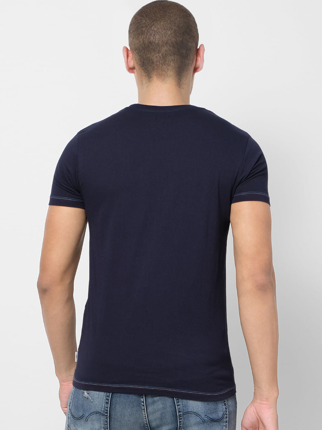 Navy Blue Logo Print Crew Neck T-shirt