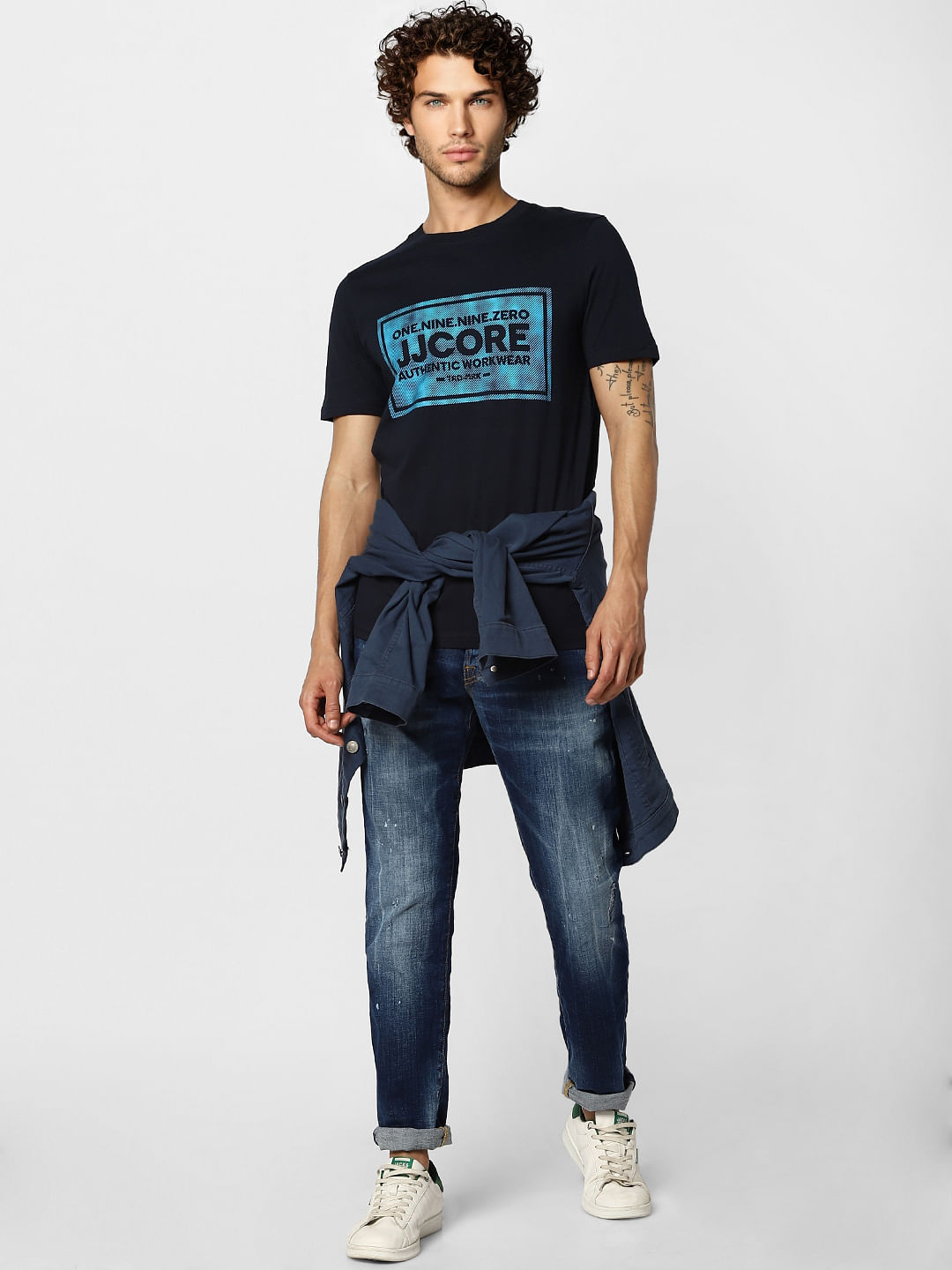 Navy Blue Logo Print Crew Neck T-shirt - S