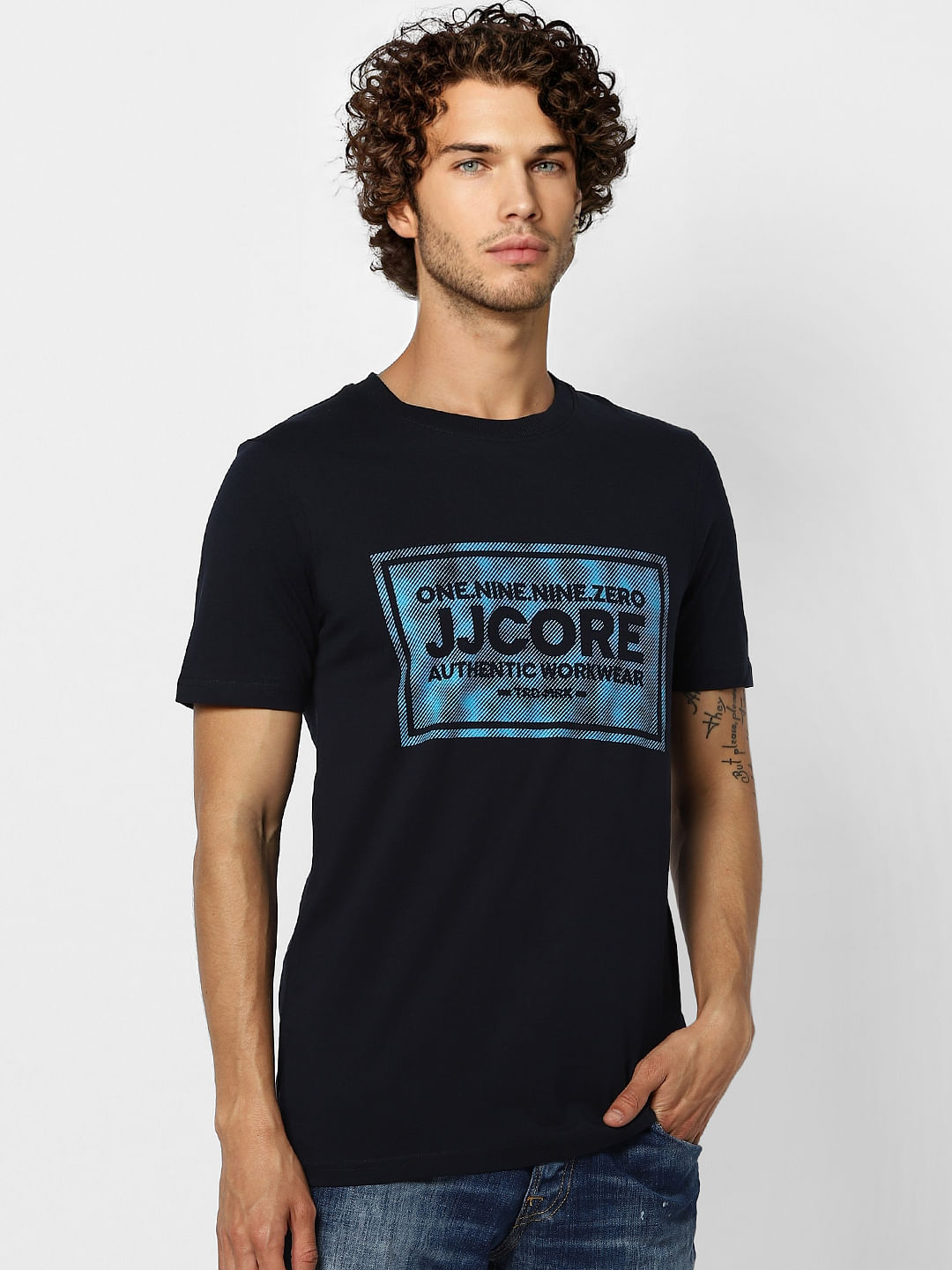 Navy Blue Logo Print Crew Neck T-shirt