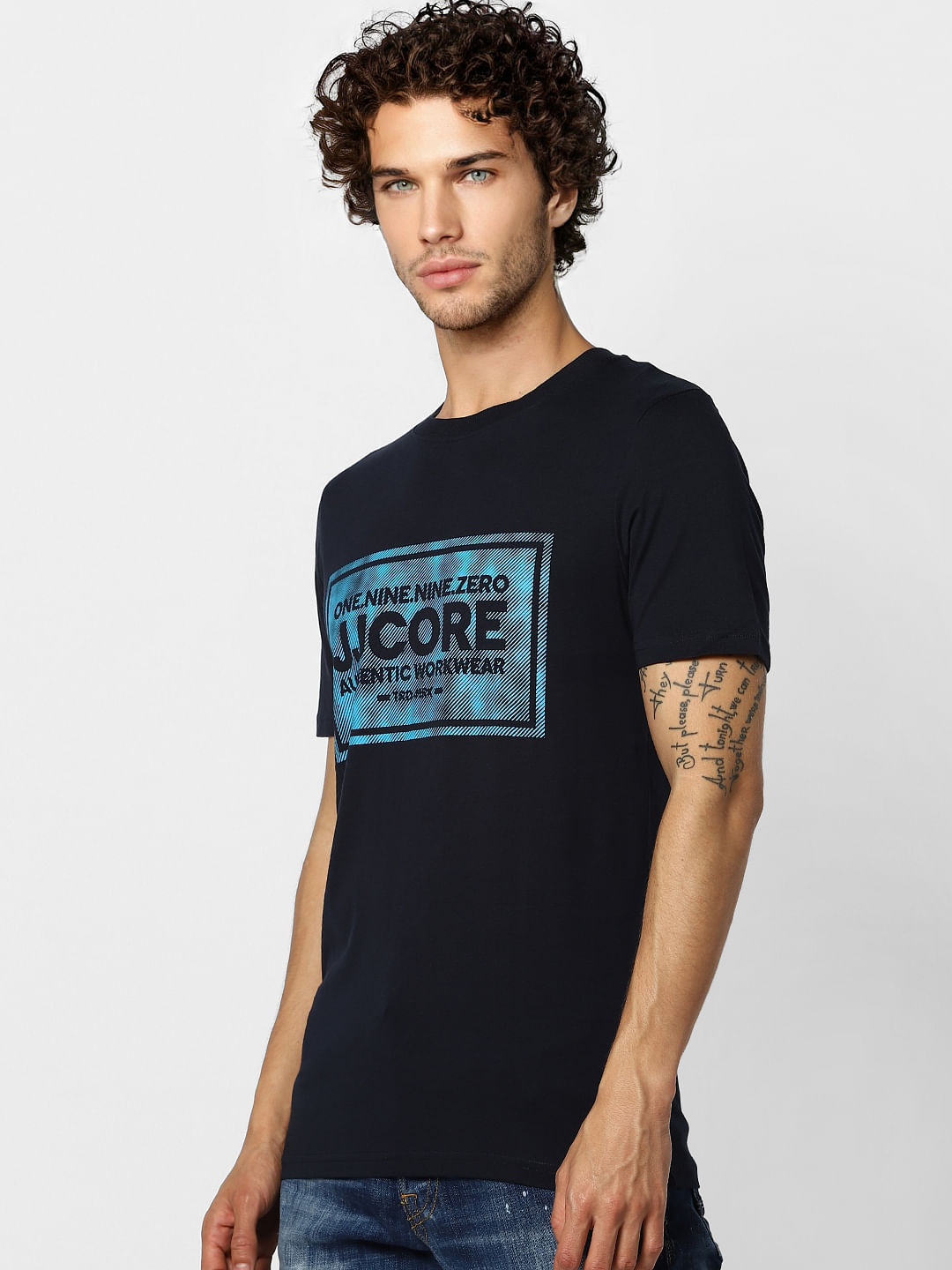Navy Blue Logo Print Crew Neck T-shirt