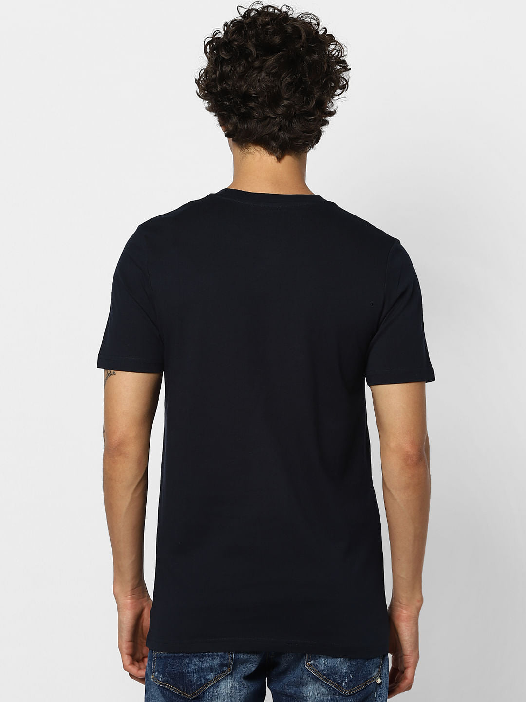 Navy Blue Logo Print Crew Neck T-shirt