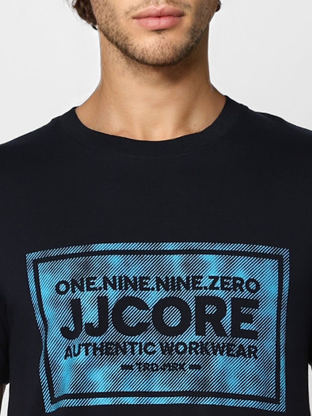 Navy Blue Logo Print Crew Neck T-shirt
