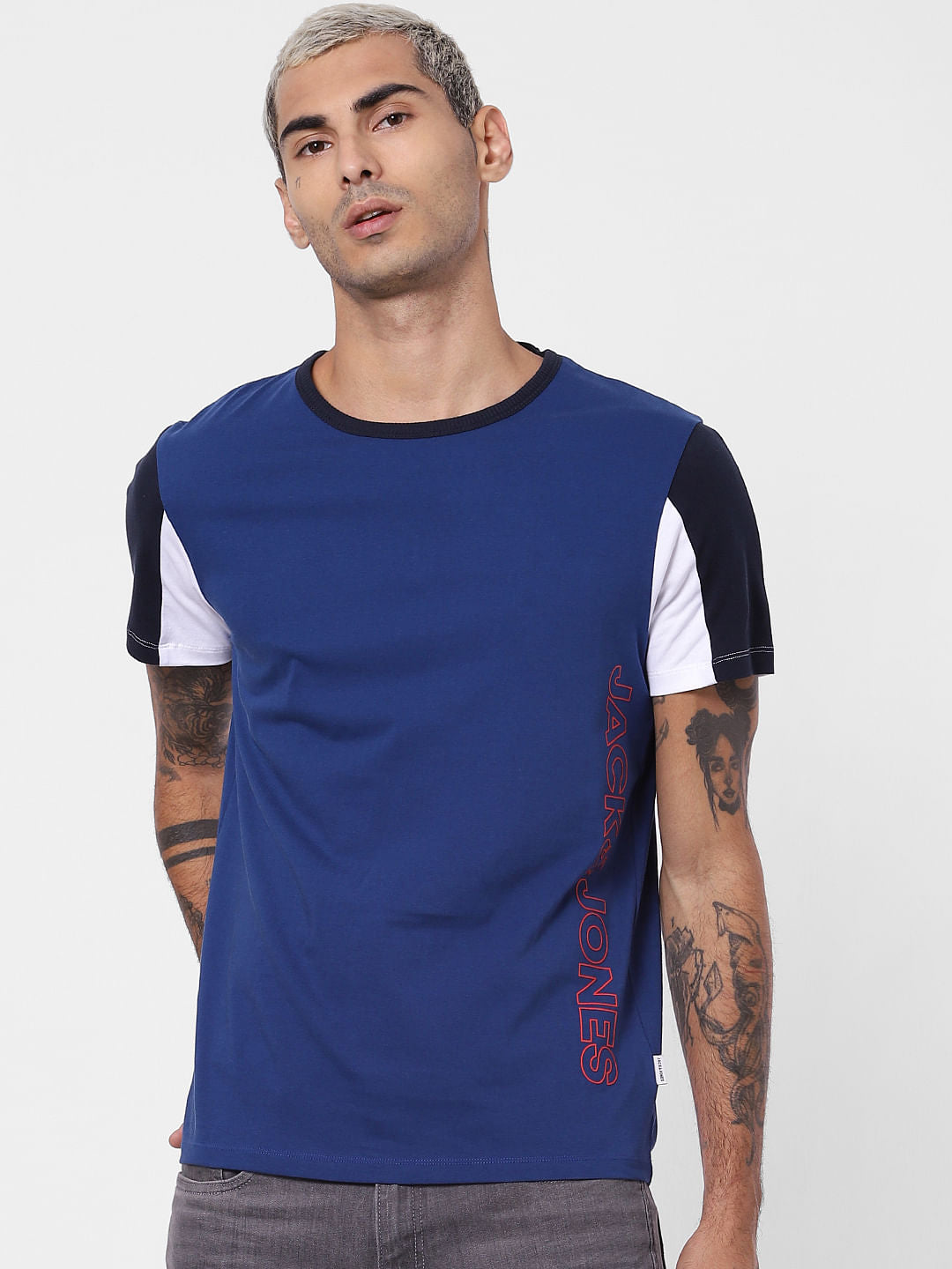 Navy Blue Colourblocked Crew Neck T-shirt