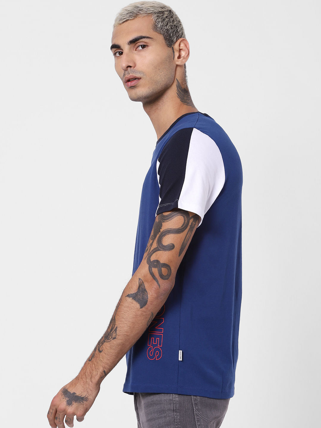 Navy Blue Colourblocked Crew Neck T-shirt